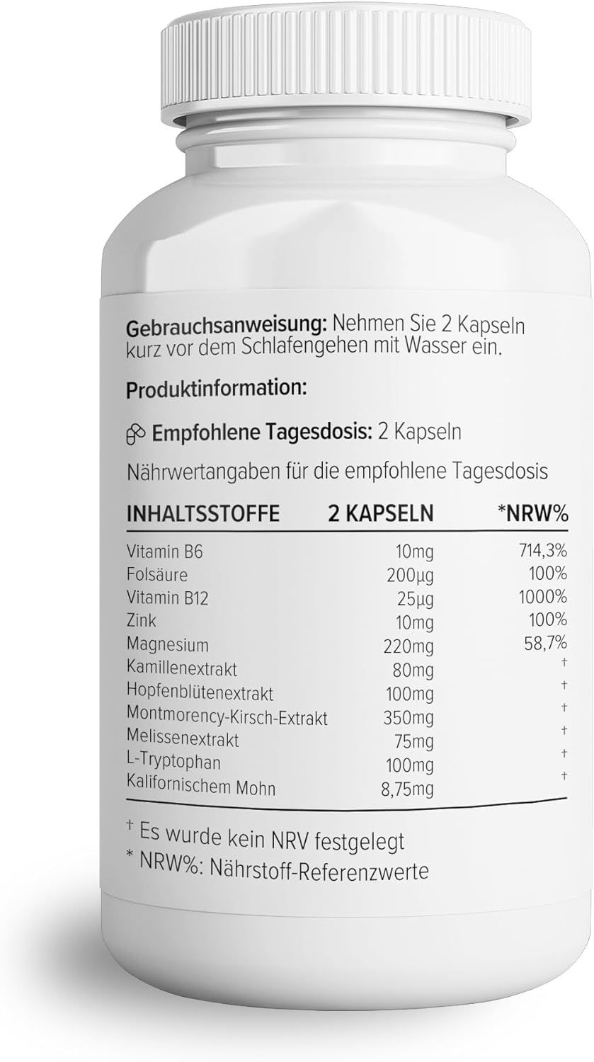Rückseite einer weißen Flasche. Text: Gebrauchsanweisung, Inhaltsstoffe, empfohlene Tagesdosis, Nährwertangaben, 2 Kapseln.