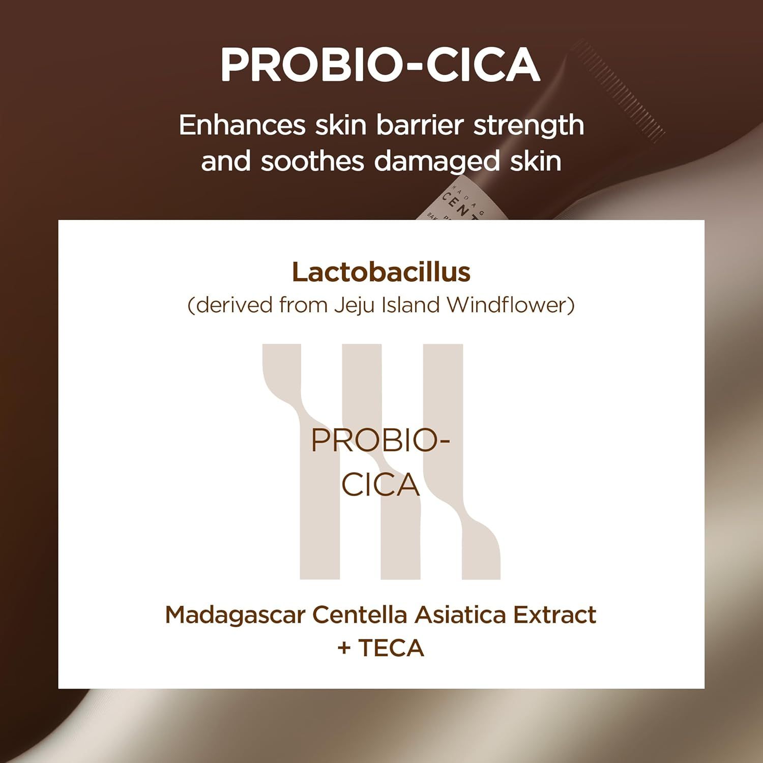 Text: PROBIO-CICA. Enthält Lactobacillus und Madagascar Centella Asiatica Extract + TECA. Für Hautbarriere und Beruhigung.
