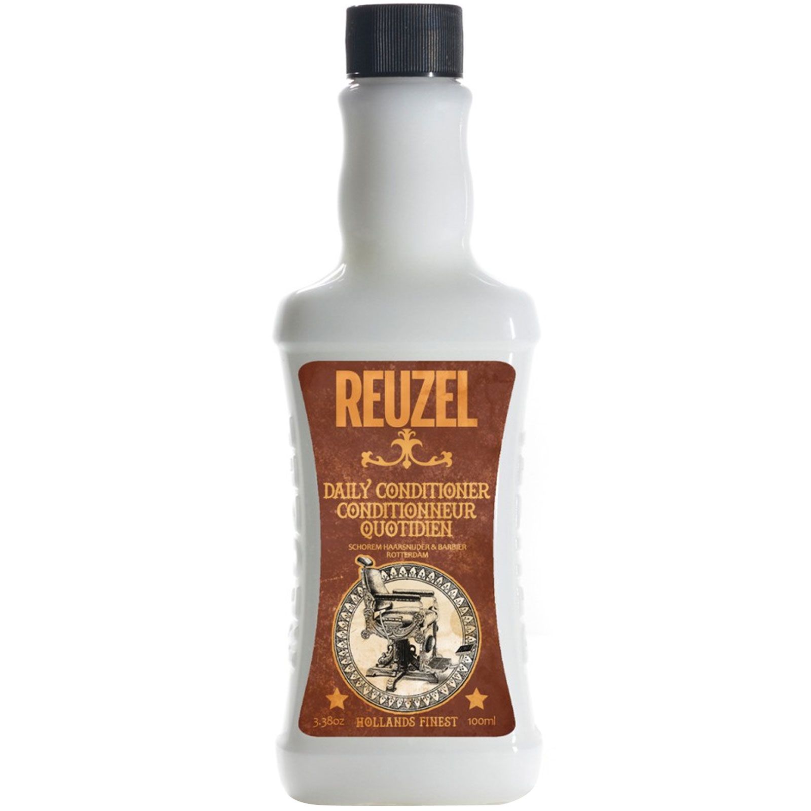 Reuzel Daily Conditioner in weißer Flasche mit braunem Etikett und schwarzem Deckel, 100ml.