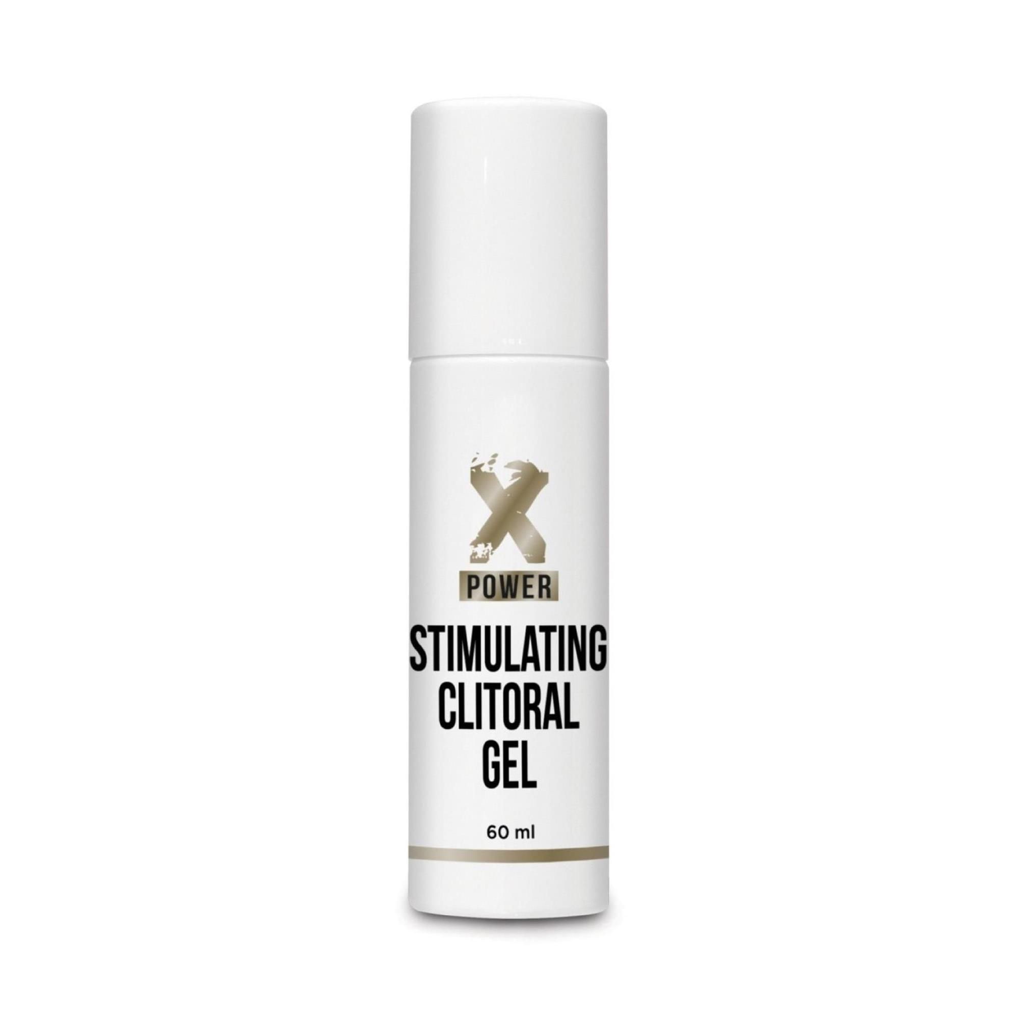 Weißer Zylinder mit Aufschrift: XPOWER, STIMULATING CLITORAL GEL, 60 ml. Goldfarbene Akzente. Deckel oben.