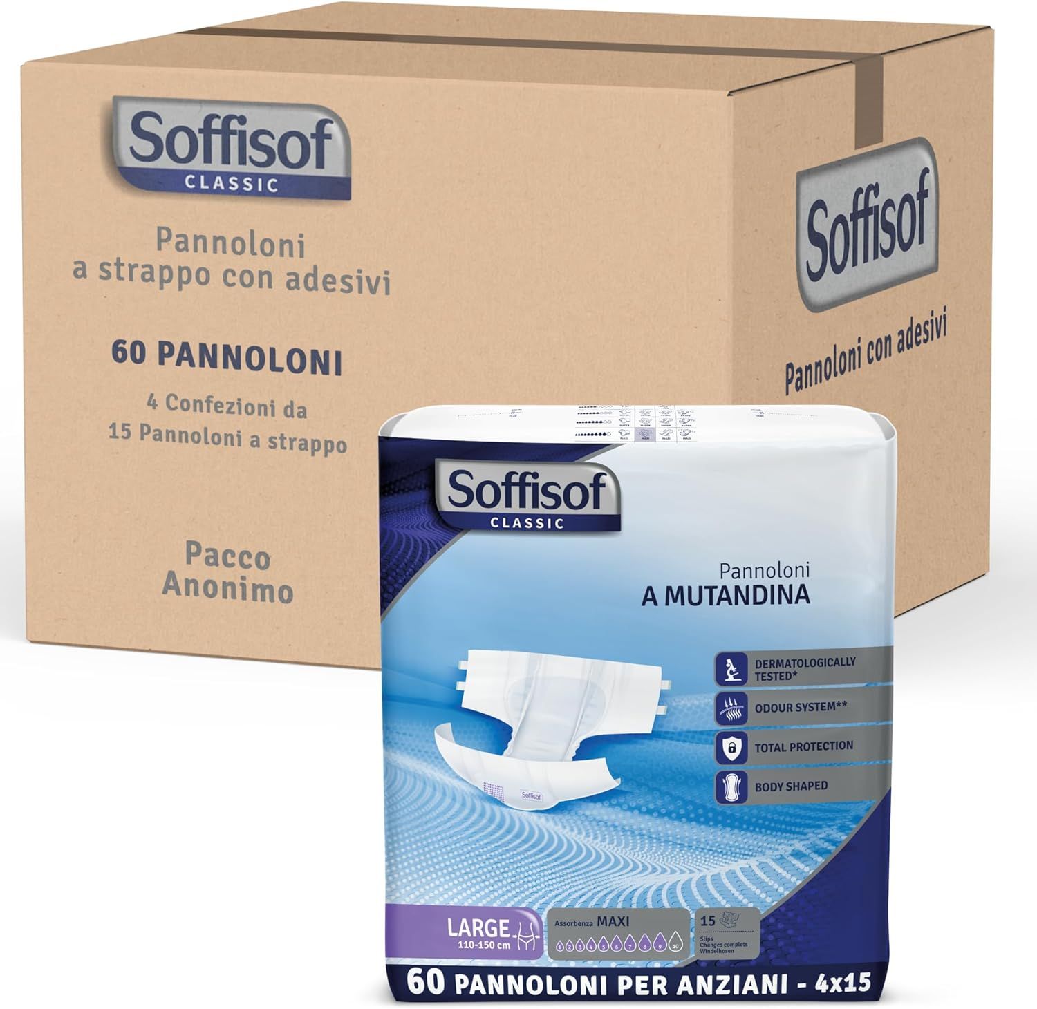 Soffisof Classic Windeln für Erwachsene, Packung und Karton. 60 Stück pro Packung. Mit Klebestreifen. Anonyme Verpackung.