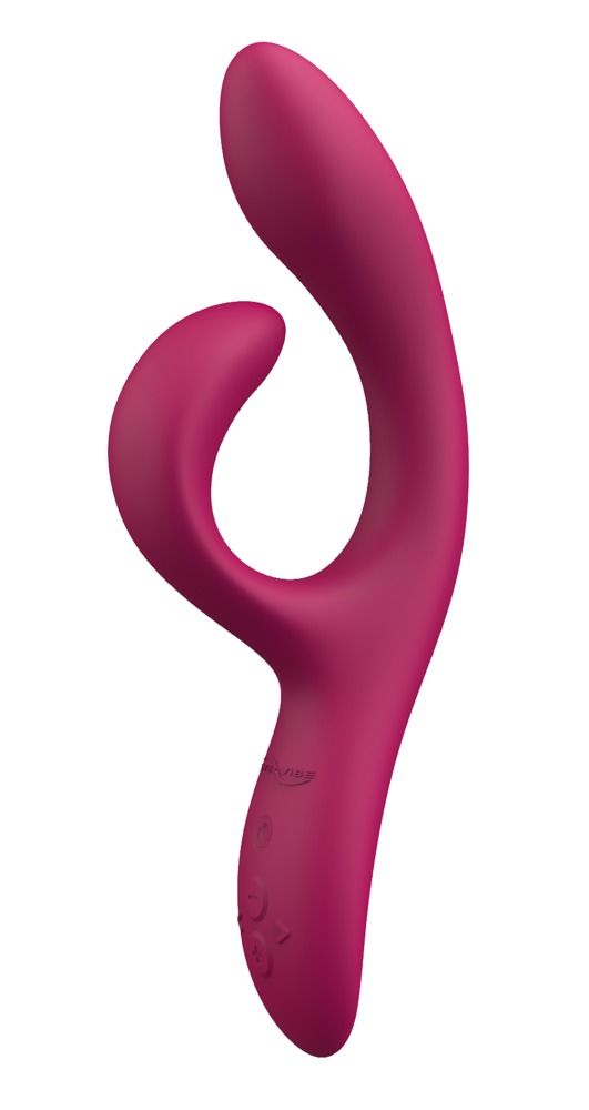 Rosa Vibrator mit geschwungener Form. Knöpfe an der Basis.