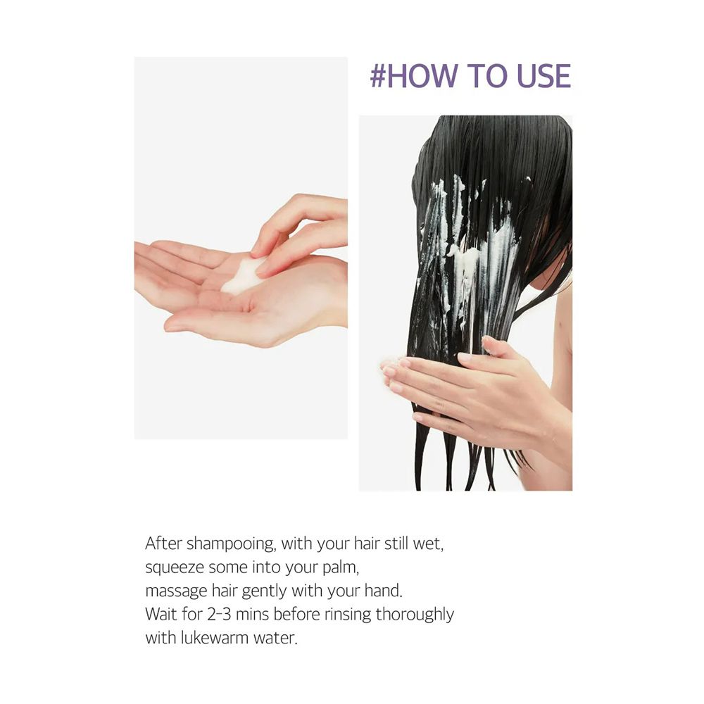 Anleitung zur Anwendung. Hände mit Produkt, Produkt auf nassem Haar verteilen, 2-3 Minuten einwirken lassen, mit lauwarmem Wasser ausspülen.