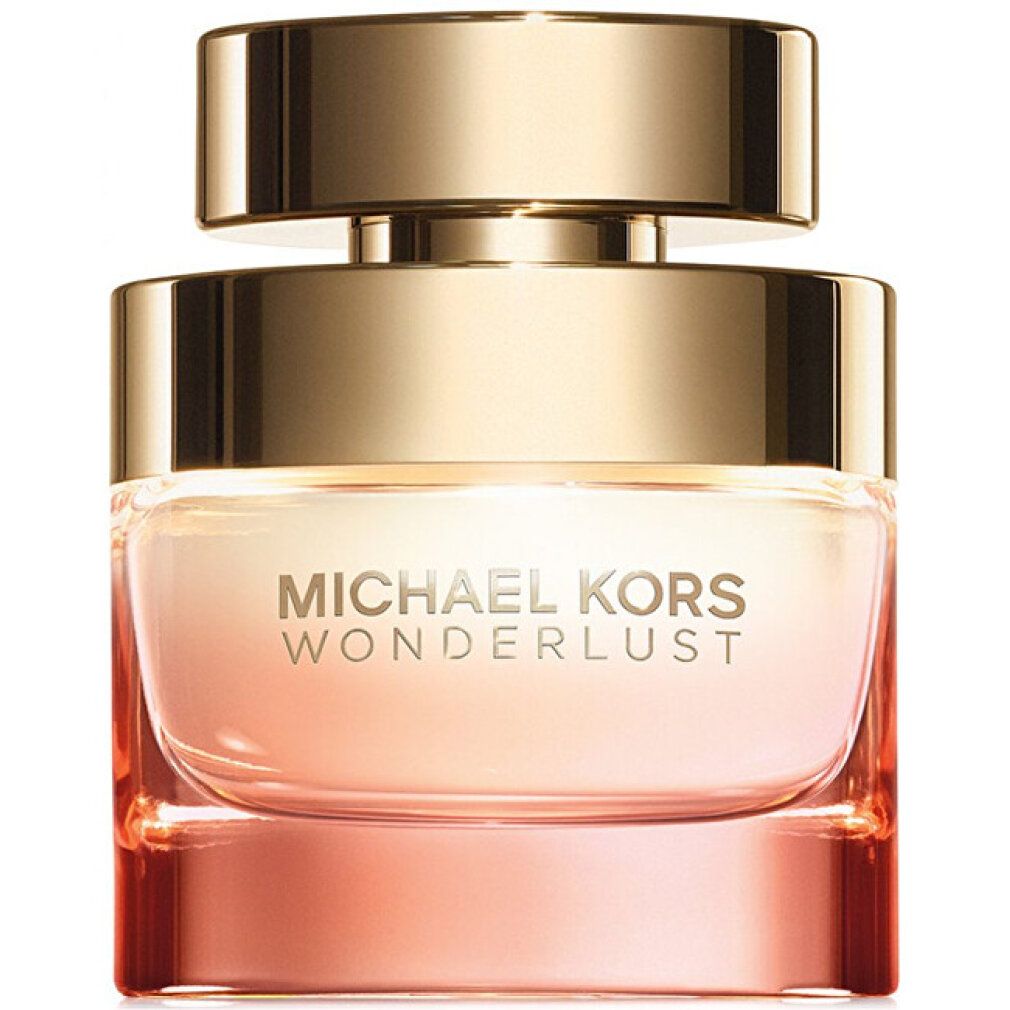 Parfümflasche mit goldfarbenem Deckel. Flasche mit rosa Farbverlauf und Schriftzug. Aufschrift: MICHAEL KORS WONDERLUST.