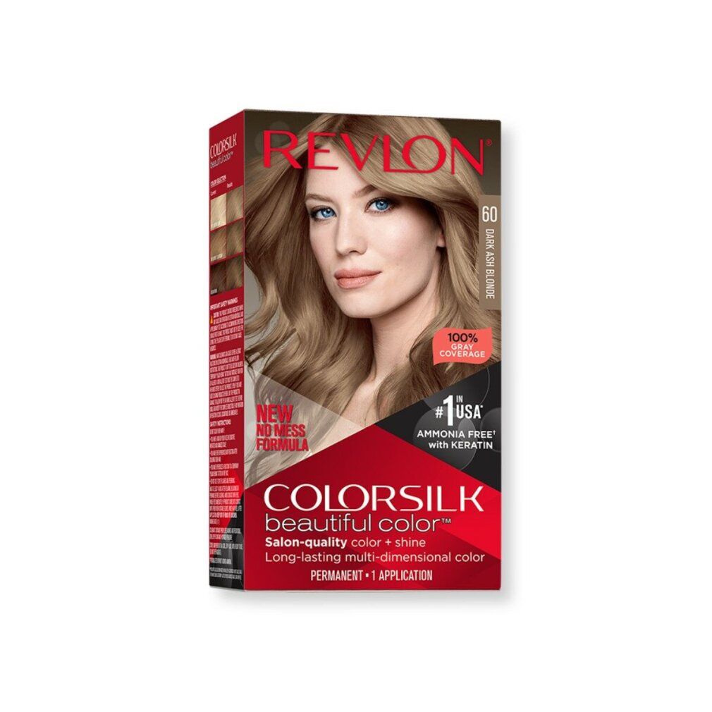 Schachtel mit Haarfarbe. Aufdruck: Revlon Colorsilk, 60 Dark Ash Blonde. Frau mit blondem Haar. 100% Grauabdeckung.