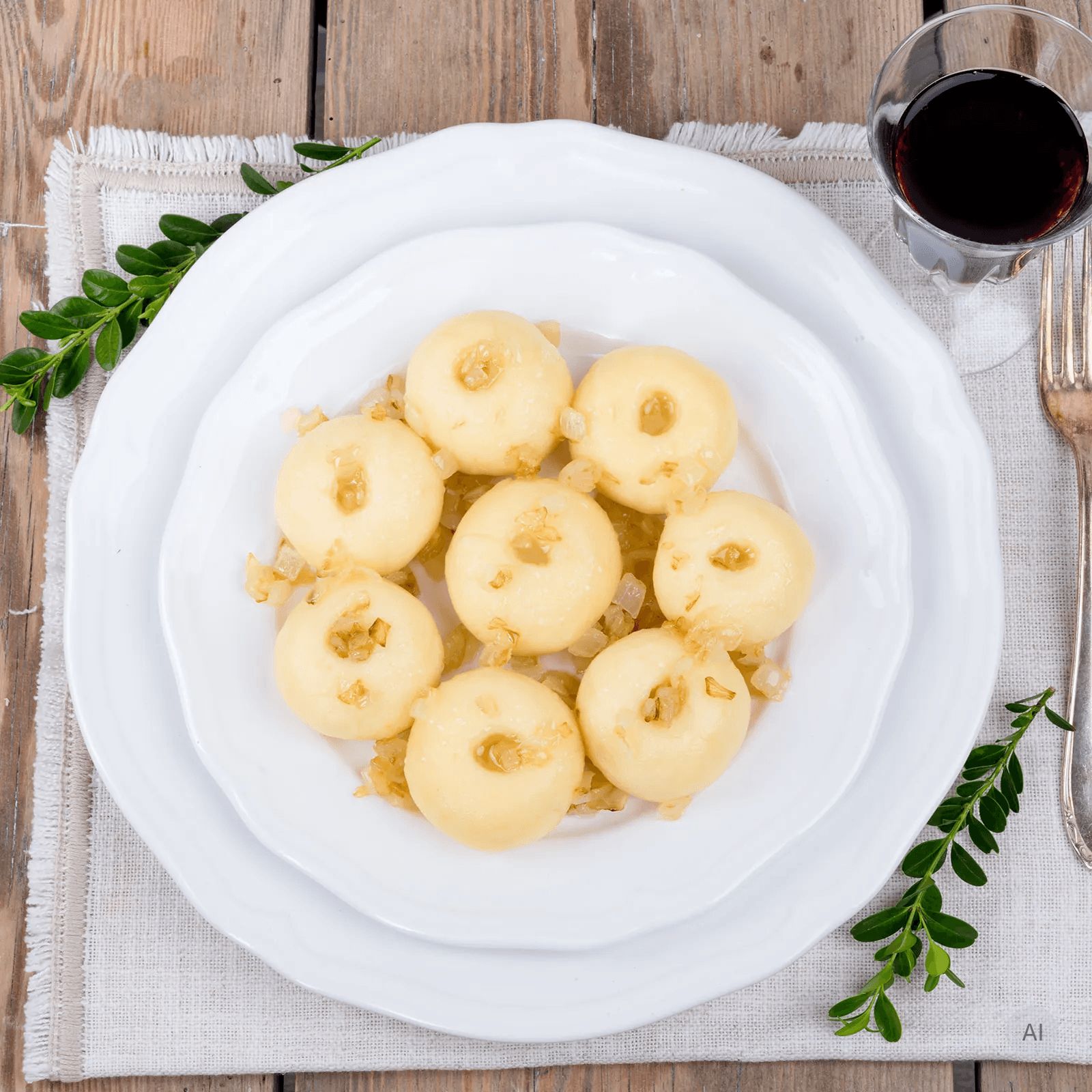 Ravioli auf einem weißen Teller mit Basilikum und Petersilie garniert.