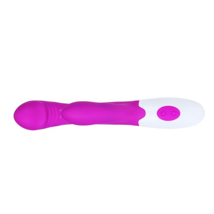 Lila Vibrator mit weißem Griff. Zwei Knöpfe am Griff. Gerade Form. Auf weißem Hintergrund.