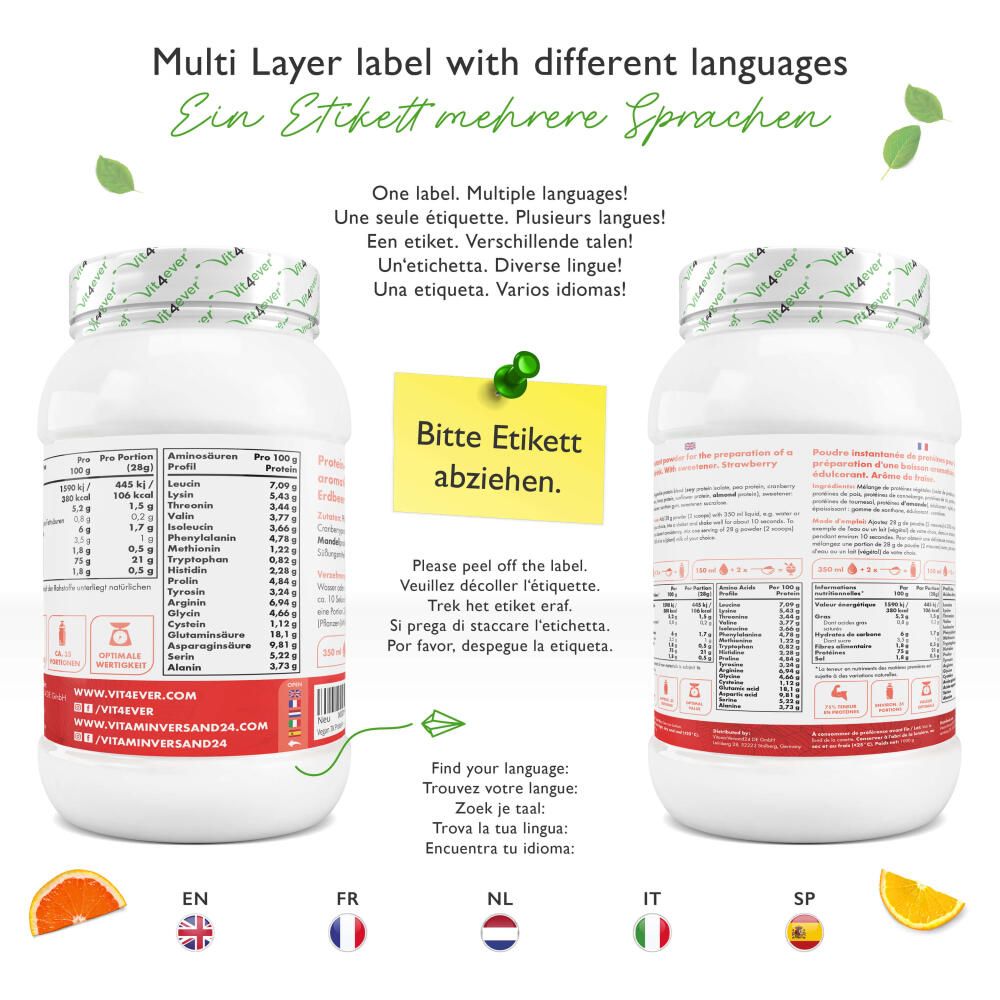 Vit4ever Vegan 7K-Protein-Behälter mit mehrsprachigem Etikett. Sprachen: Deutsch, Englisch, Französisch, Niederländisch, Italienisch, Spanisch. Hinweis: Etikett abziehen.