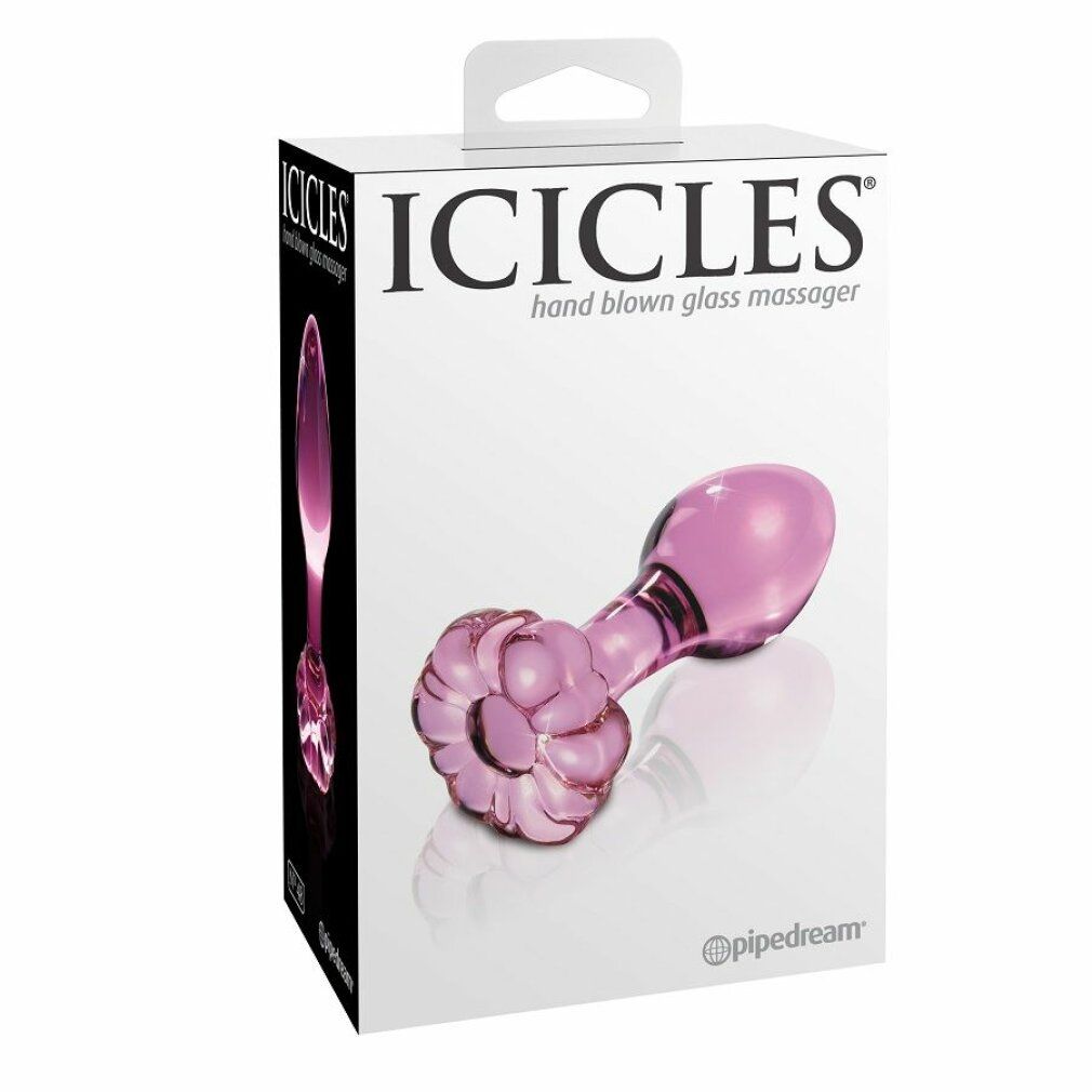 Rosa Glasmassagegerät in Verpackung. Aufschrift: ICICLES hand blown glass massager. Marke: pipedream.