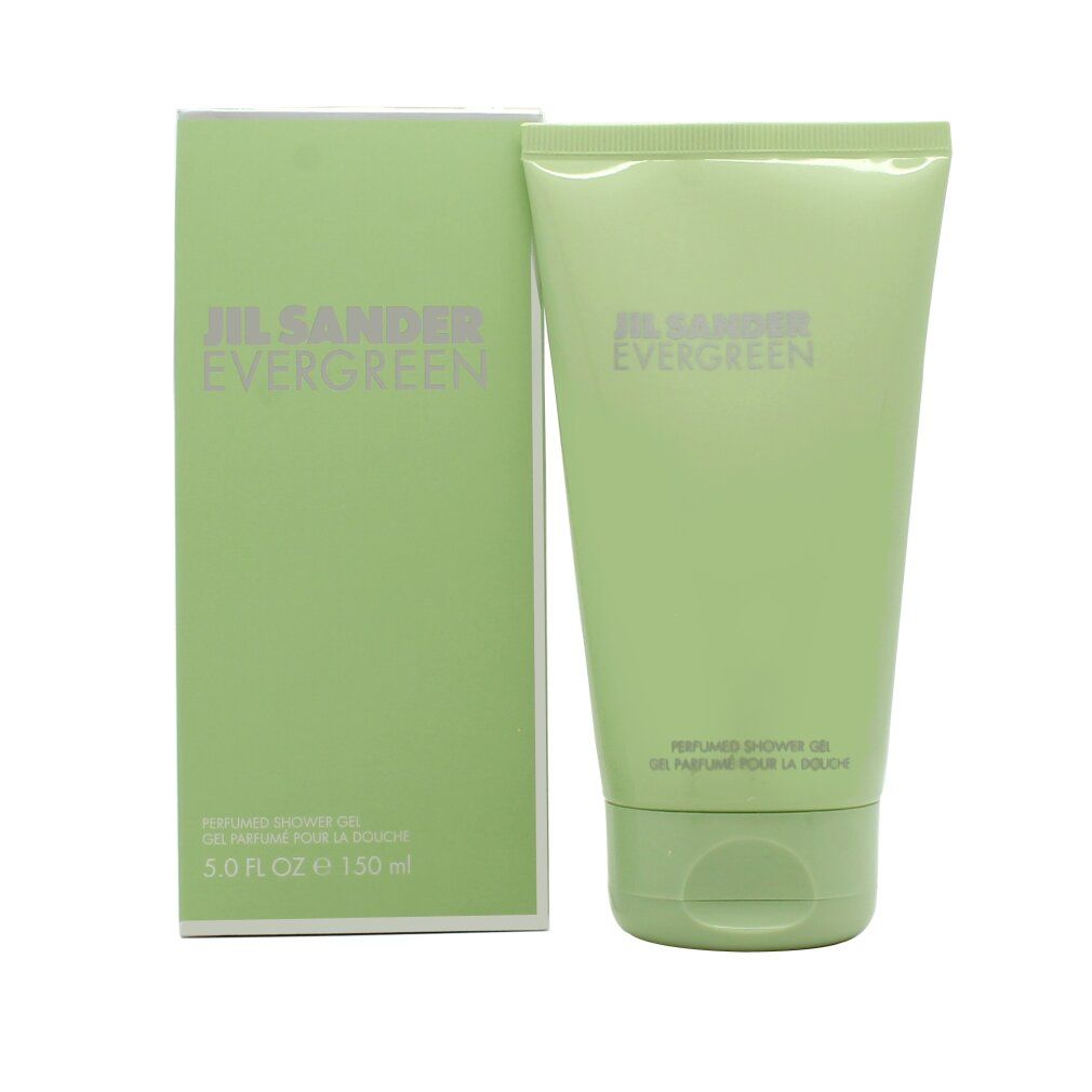 Hellgrüne Tube und Verpackung mit Jil Sander Evergreen-Logo. Text: Perfumed Shower Gel. 5.0 FL OZ e 150 ml.