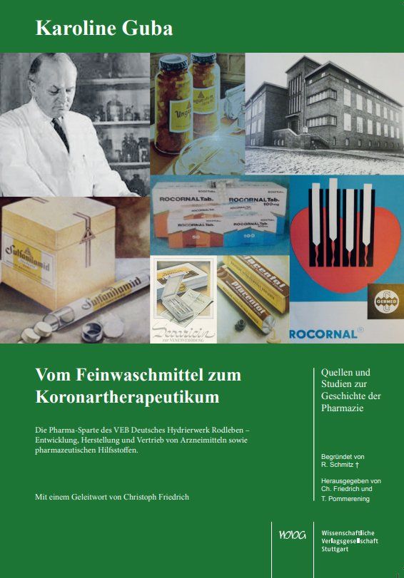 Buchcover: "Vom Feinwaschmittel zum Koronartherapeutikum". Collage mit historischen Bildern und Produktabbildungen.