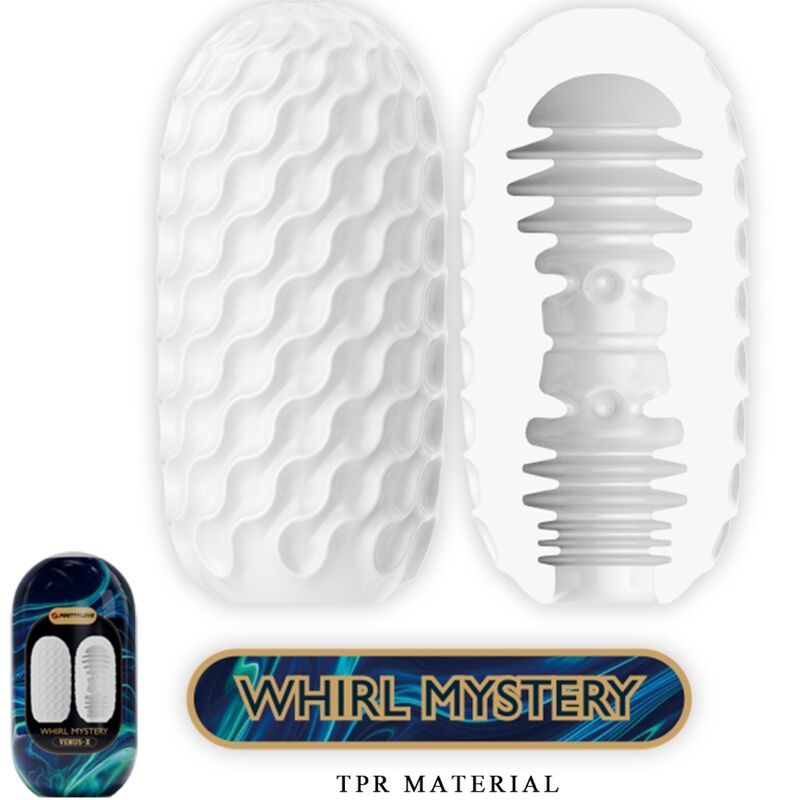 Produkt mit Wellenmuster und Innenstruktur. Auf der Verpackung steht "Whirl Mystery" und "TPR MATERIAL". Das Produkt ist in zwei Teile geteilt.