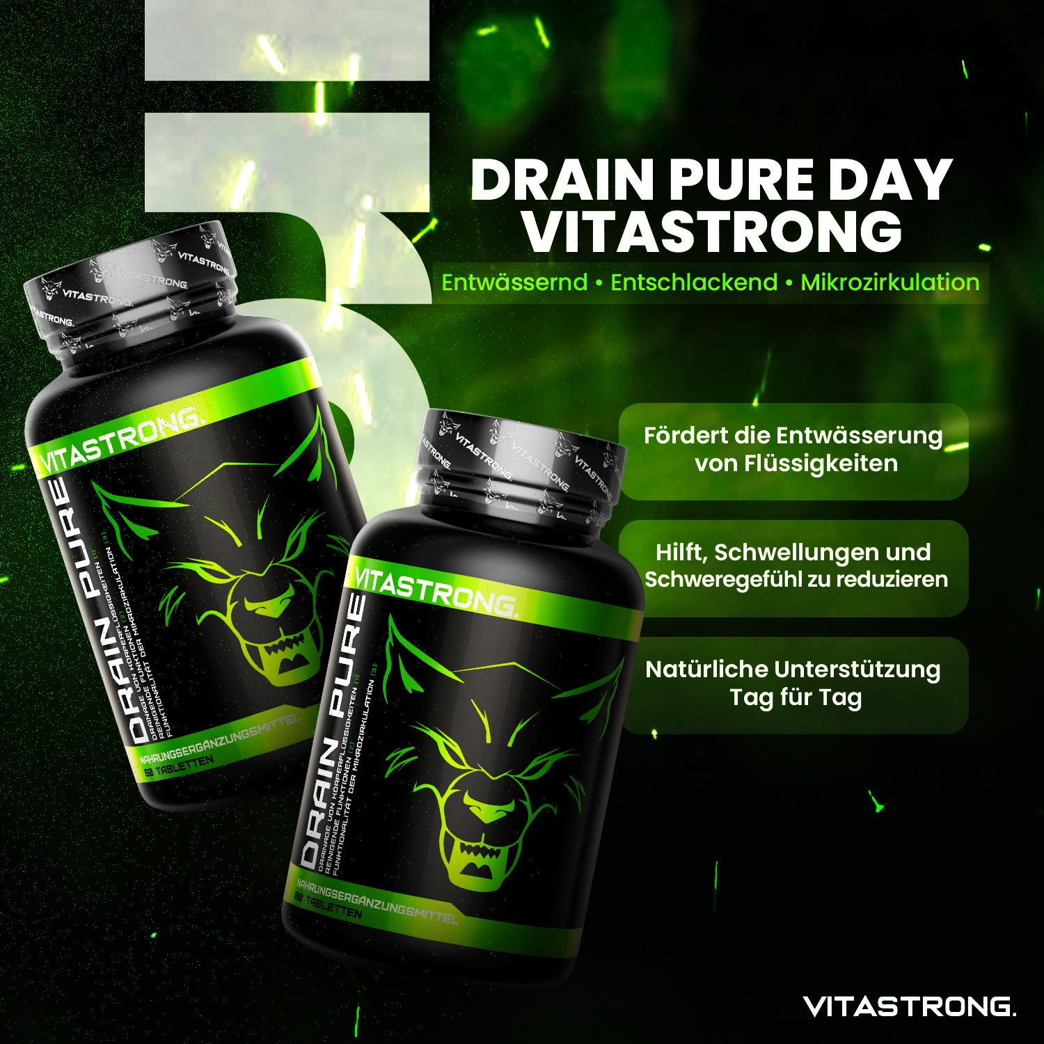 Zwei Tabletten-Dosen. Aufschrift: Drain Pure Day, Vitastrong. Grün-schwarzes Design. Logo: Wolfskopf. Entwässernd.