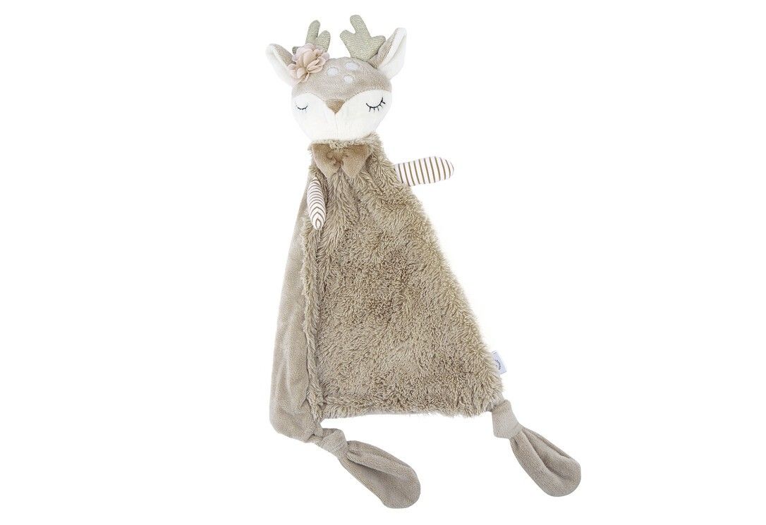 Kuscheltuch in Rehform, beige. Mit geschlossenen Augen, Blume und Schleife. Gestreifte Details an den Armen. Auf hellem Hintergrund.