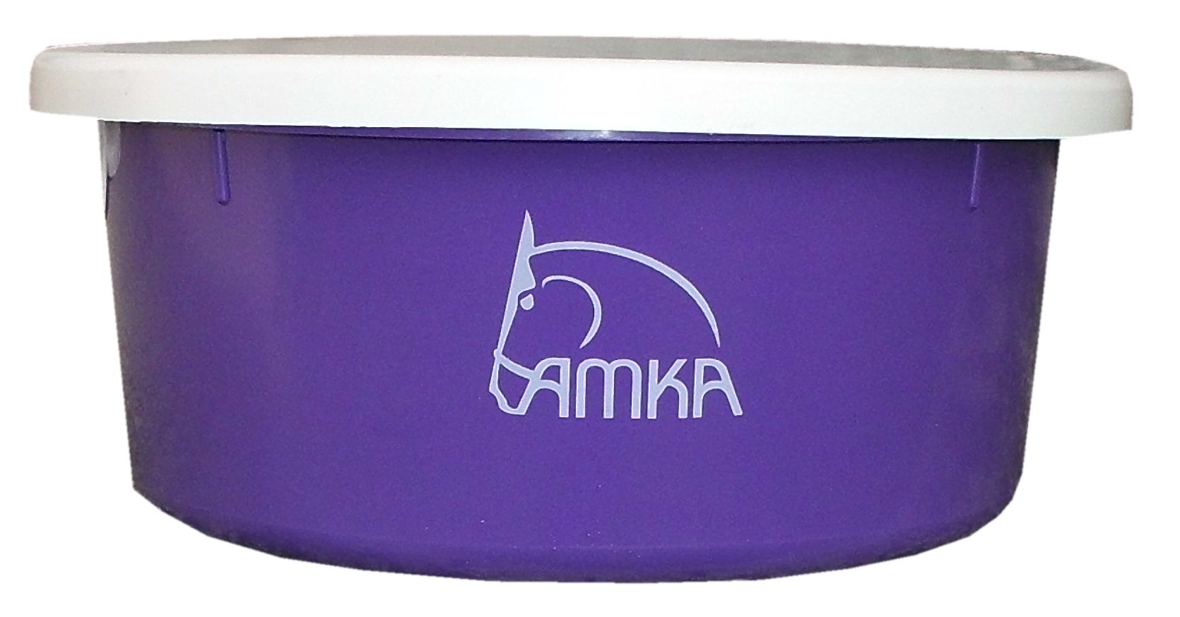 Violette Futterschale mit weißem Deckel. Auf der Schale ist das AMKA Logo mit Pferdekopf abgebildet.