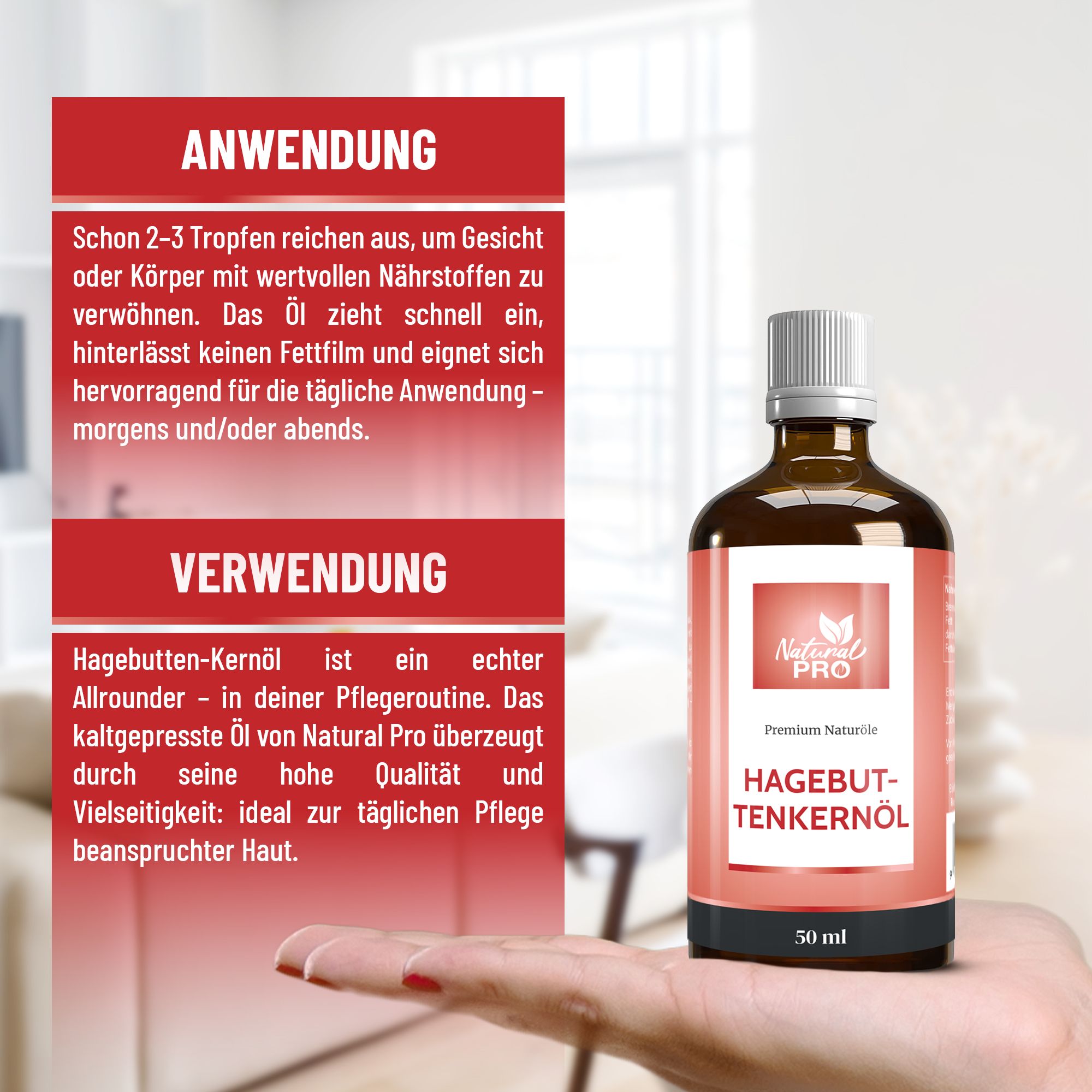 Braune Glasflasche mit weißem Deckel und Etikett. Auf dem Etikett steht "Hagebuttenkernöl" und "50 ml". Die Flasche wird von einer Hand gehalten.