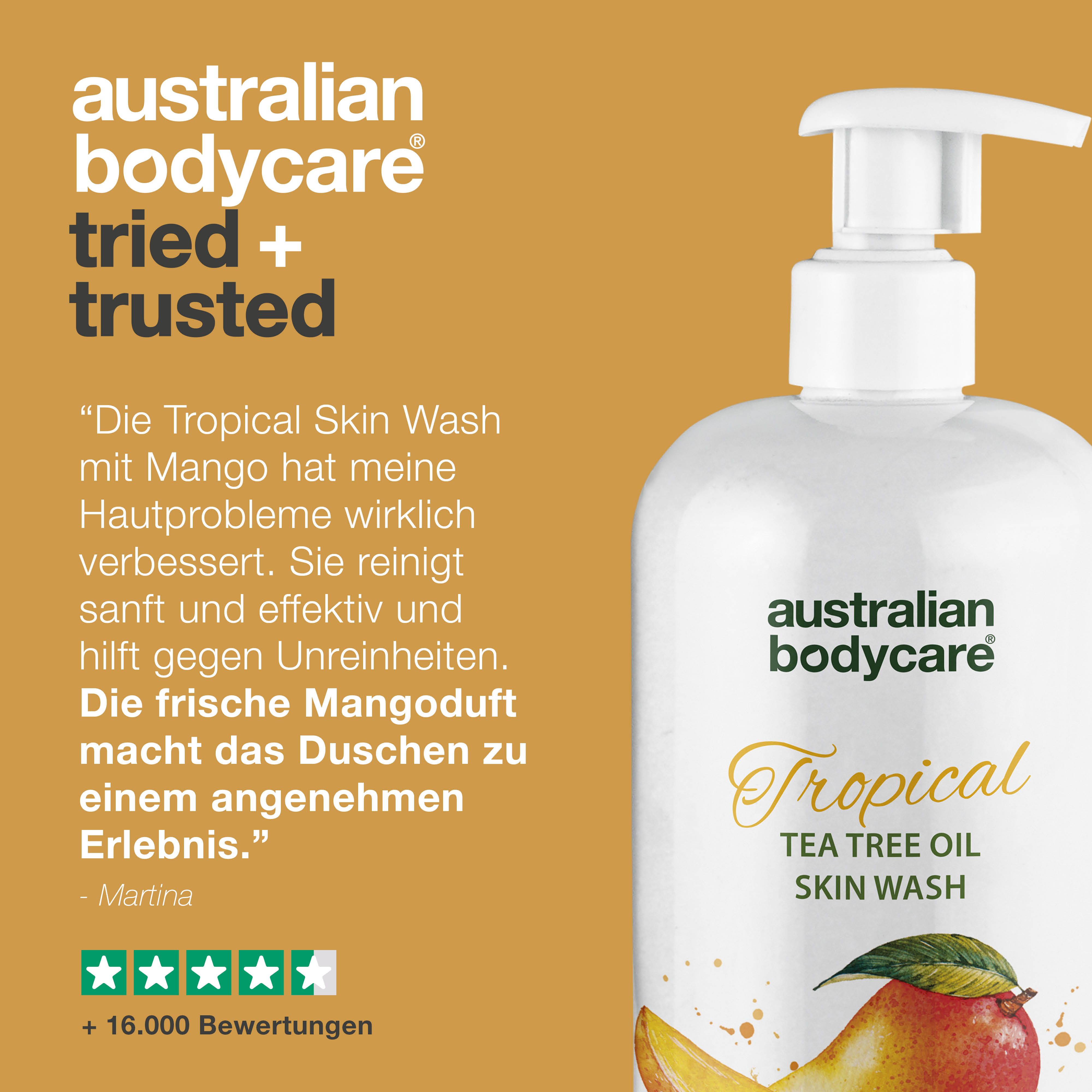 Flasche mit Mango-Duschgel. Text: Australian Bodycare, tried + trusted. Zitat: Die Tropical Skin Wash mit Mango hat meine Hautprobleme verbessert.