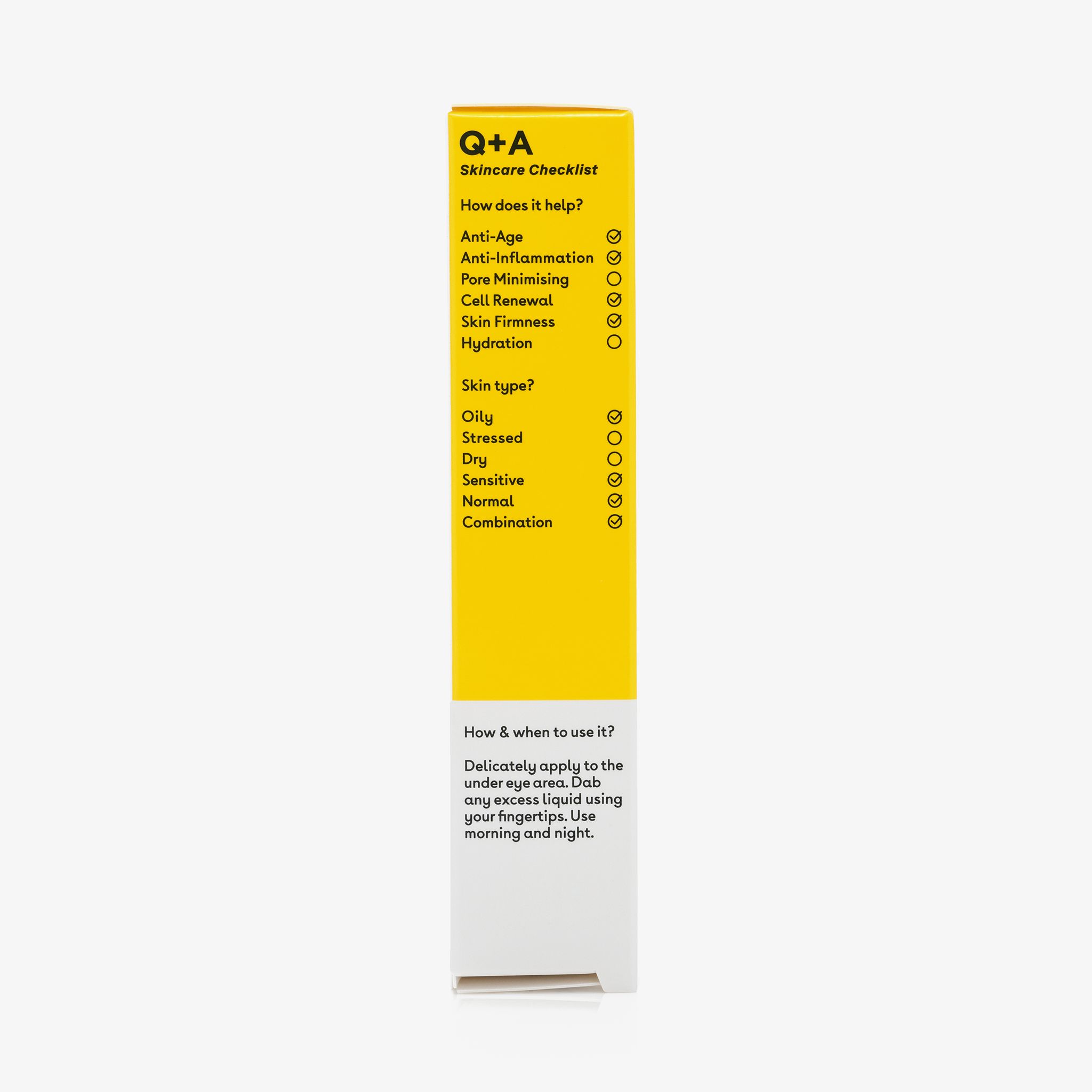 Gelbe Schachtel mit Text. Aufschrift: Q+A Skincare Checklist. Informationen zu Anwendung und Inhaltsstoffen.