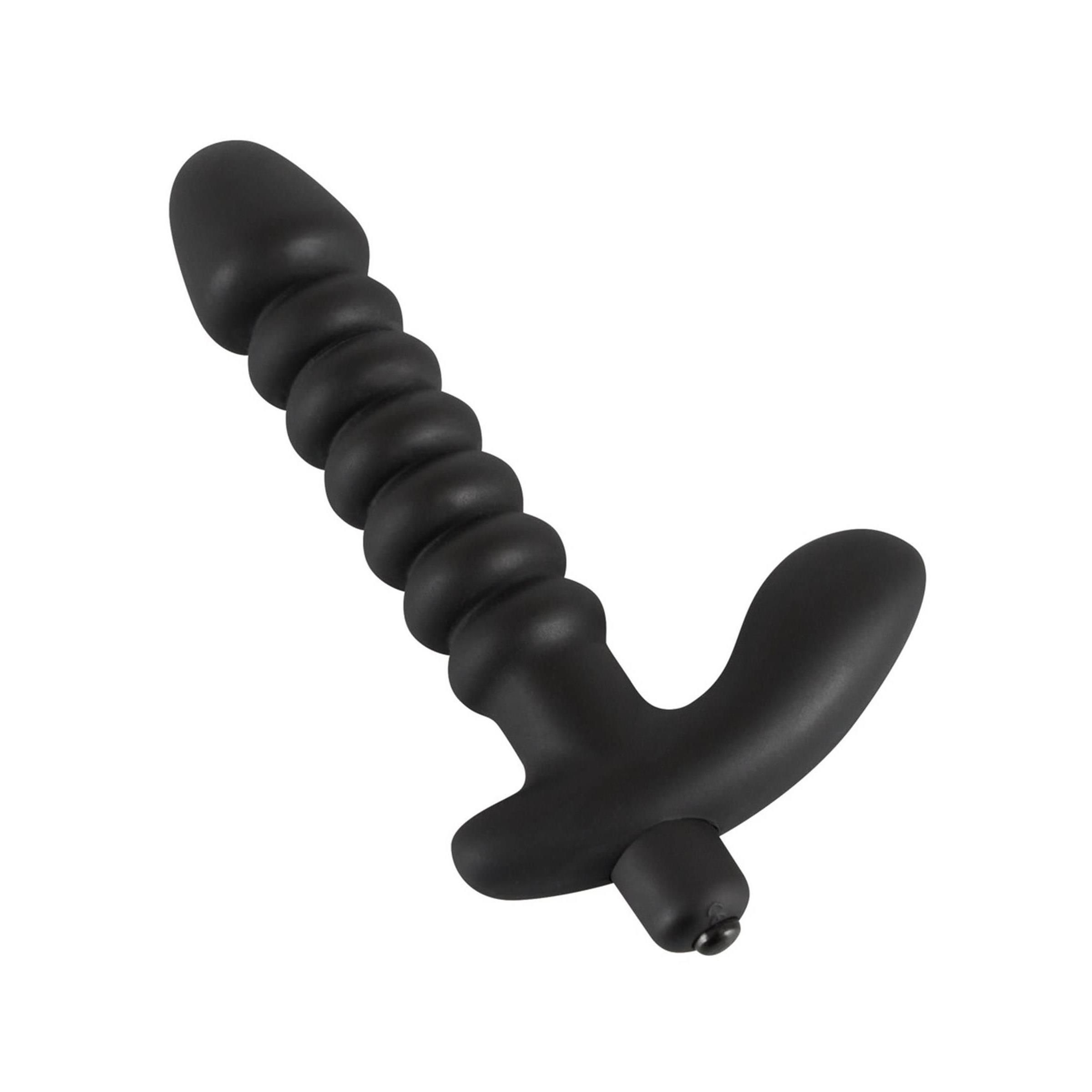Schwarzer Vibrator mit Reizanker. Zylindrischer Schaft mit Rillen, gebogener Basis.