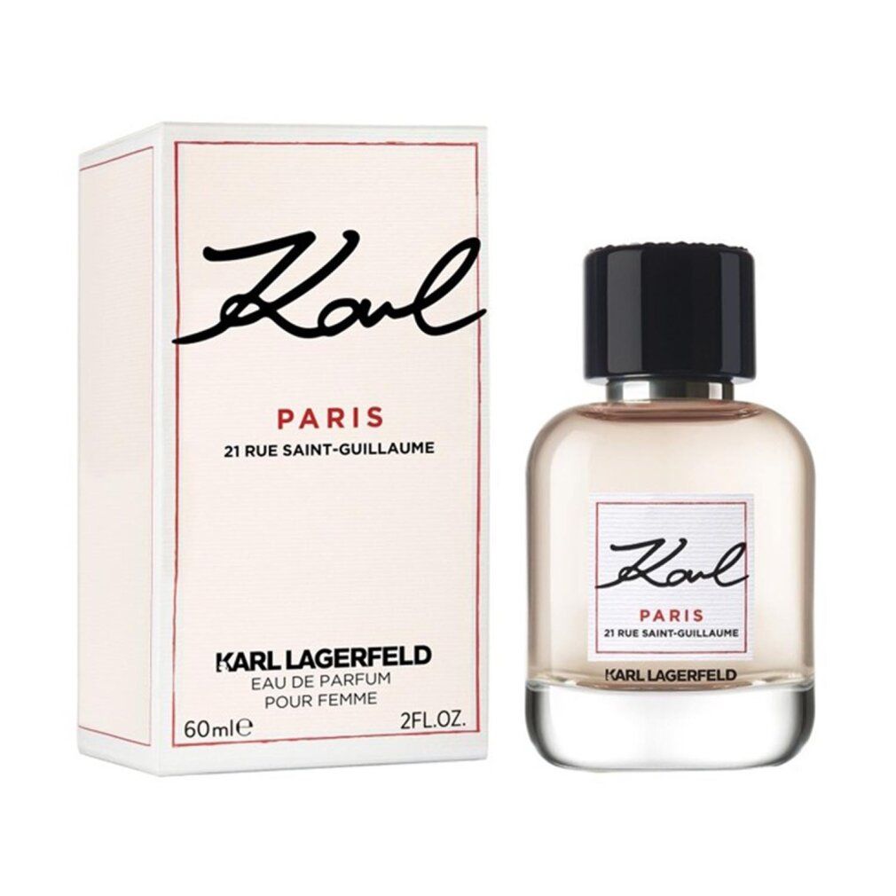 Parfümflakon und Verpackung. Auf der Verpackung steht Karl Paris 21 Rue Saint-Guillaume. Karl Lagerfeld ist ebenfalls zu sehen.