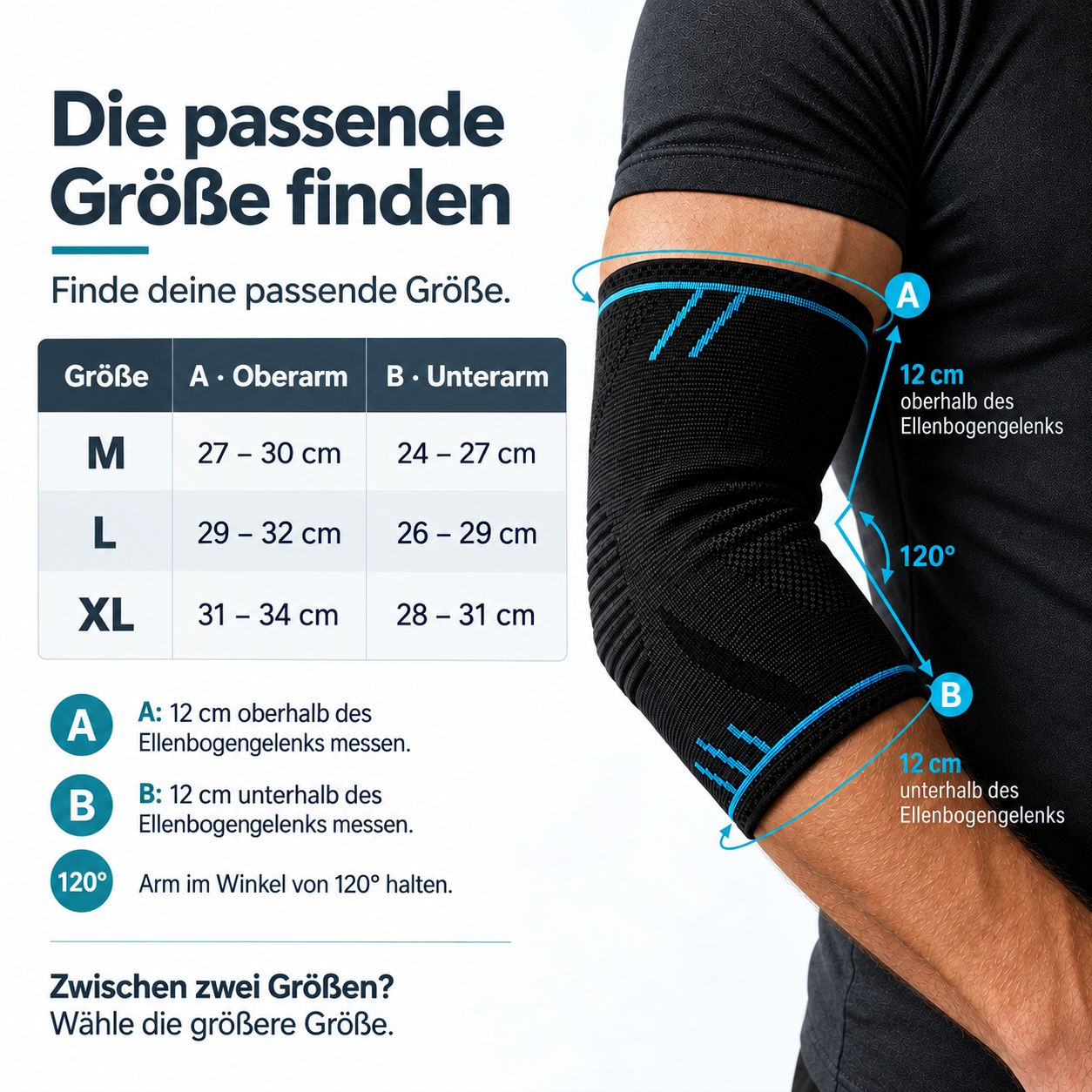 Größentabelle für Ellenbogenbandagen: Messanleitung für Ober- und Unterarmumfang.