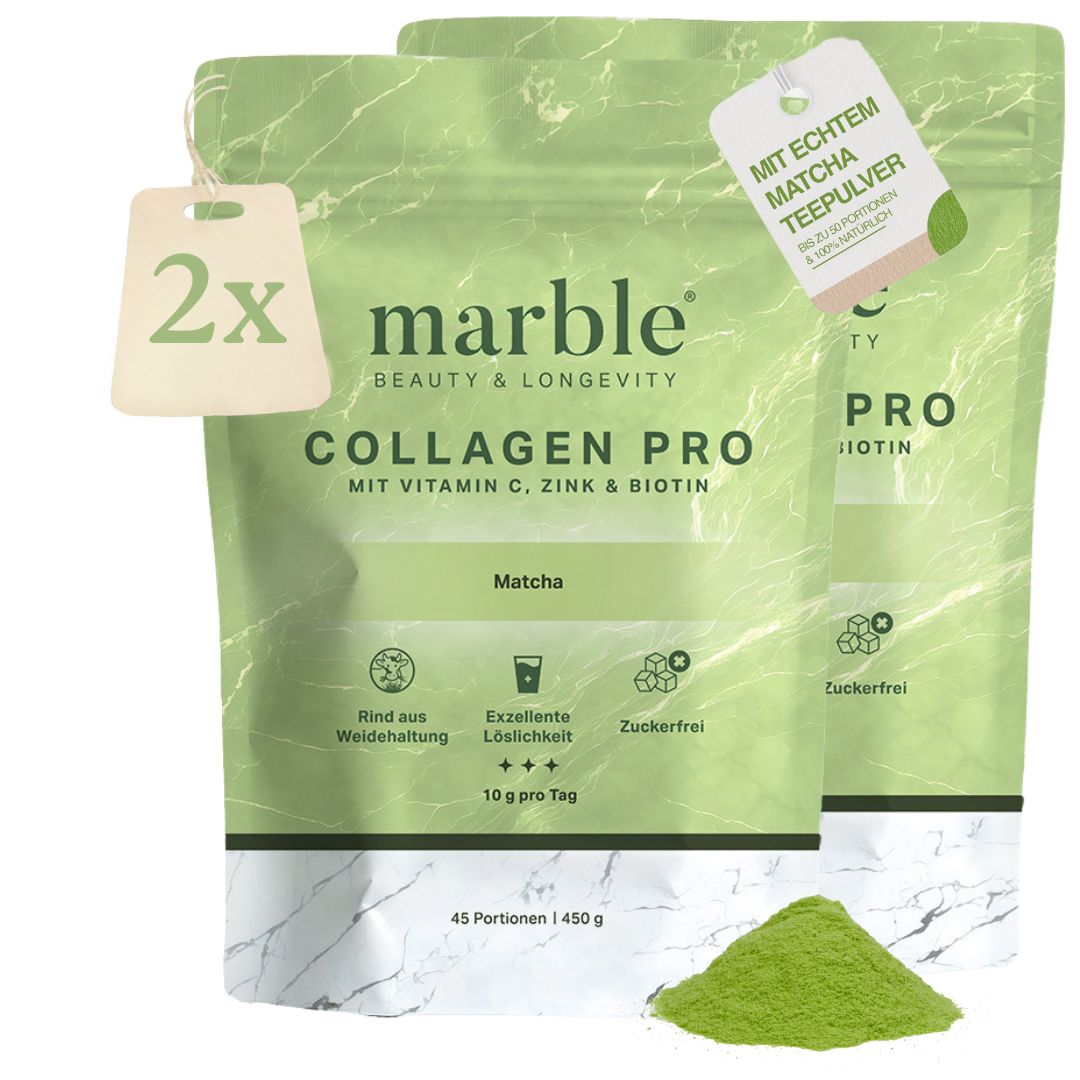 Zwei marble© Collagen Pro Verpackungen, Matcha. Mit Vitamin C, Zink & Biotin. 45 Portionen. Mit echtem Matcha-Teepulver.