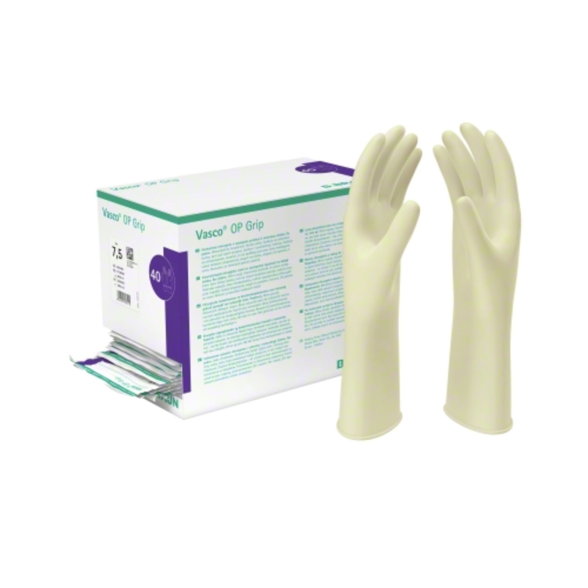 Zwei cremefarbene OP-Handschuhe neben einer Verpackung. Auf der Verpackung steht "Vasco OP Grip" und die Größe 7,5.