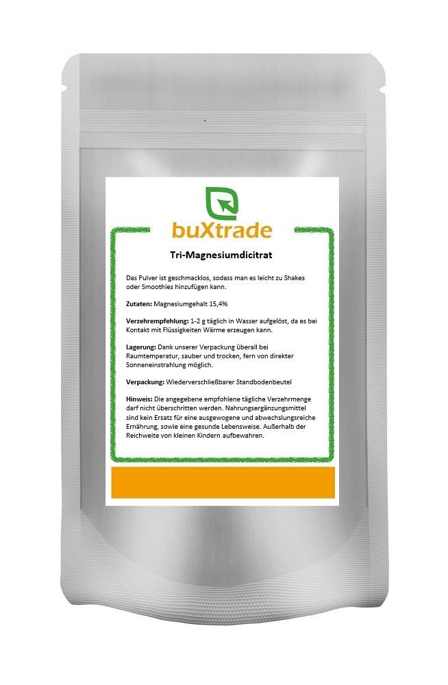 Beutel mit weißem Hintergrund. Aufschrift: buXtrade Tri-Magnesiumdicitrat. Grün umrandetes Etikett mit Produktinformationen.
