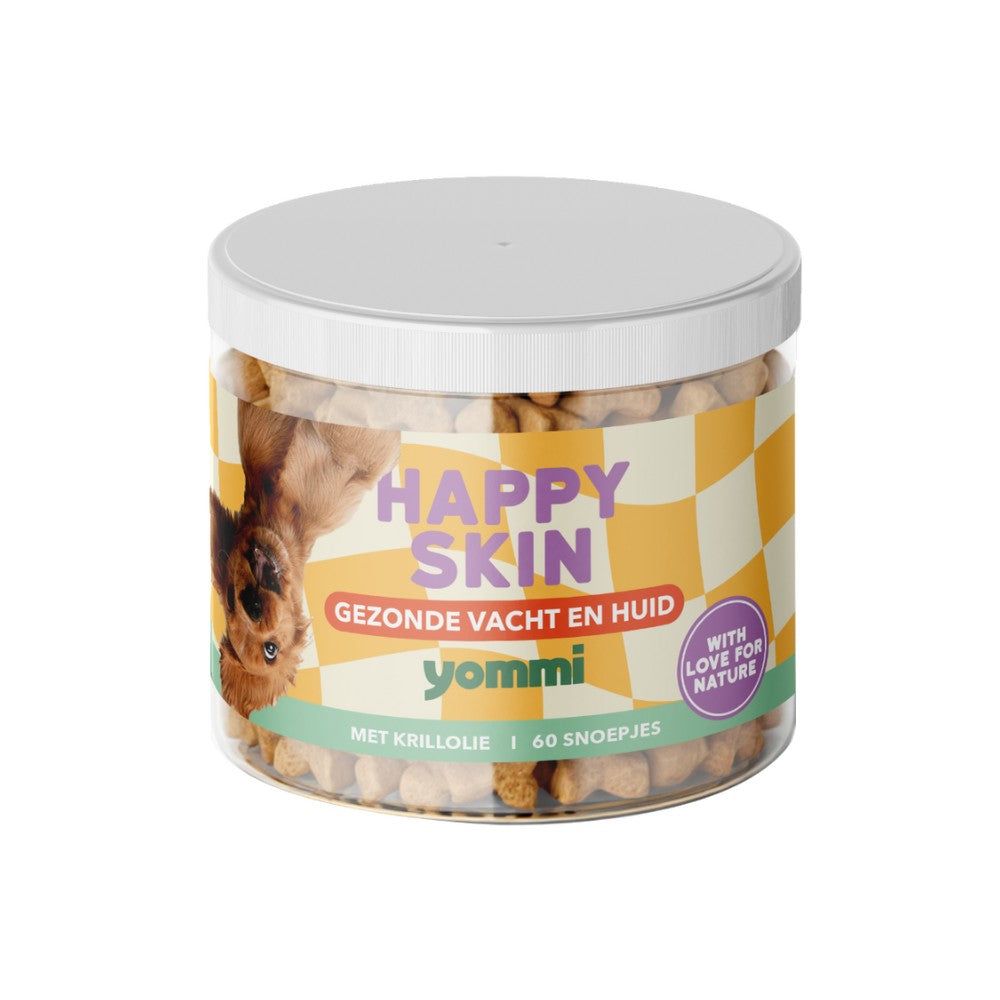 Hundefutter-Dose mit 'Happy Skin' Aufschrift, gesunde Haut und Fell.