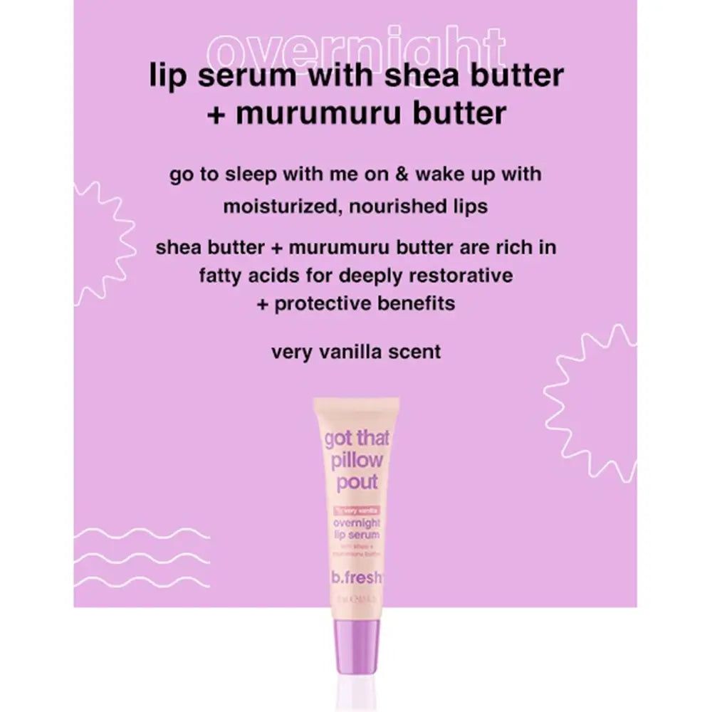Produkt-Werbung für Lippen-Serum. Text: Overnight Lip Serum mit Shea Butter + Murumuru Butter. Marke: b.fresh. Produkt in Tube.