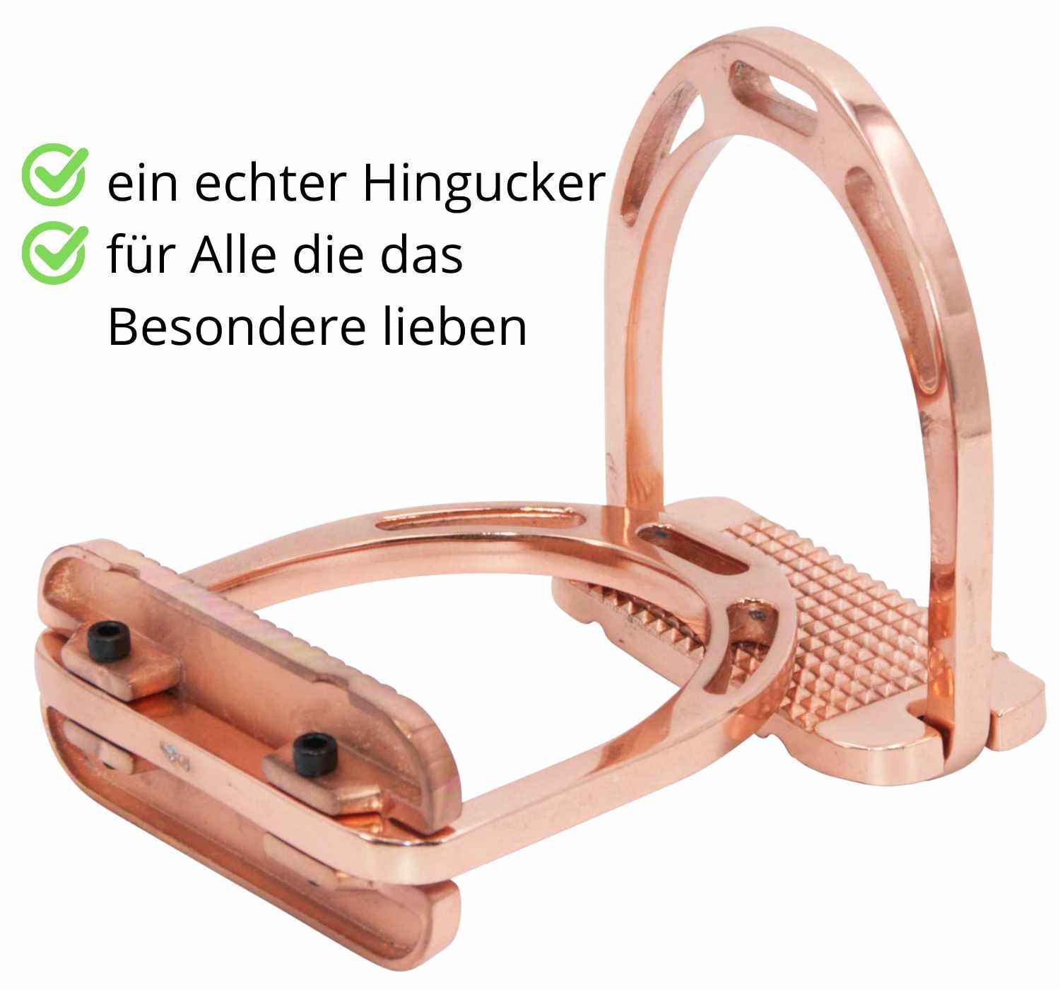 Kupferfarbener Steigbügel aus Aluminium. Text: ein echter Hingucker, für Alle die das Besondere lieben.