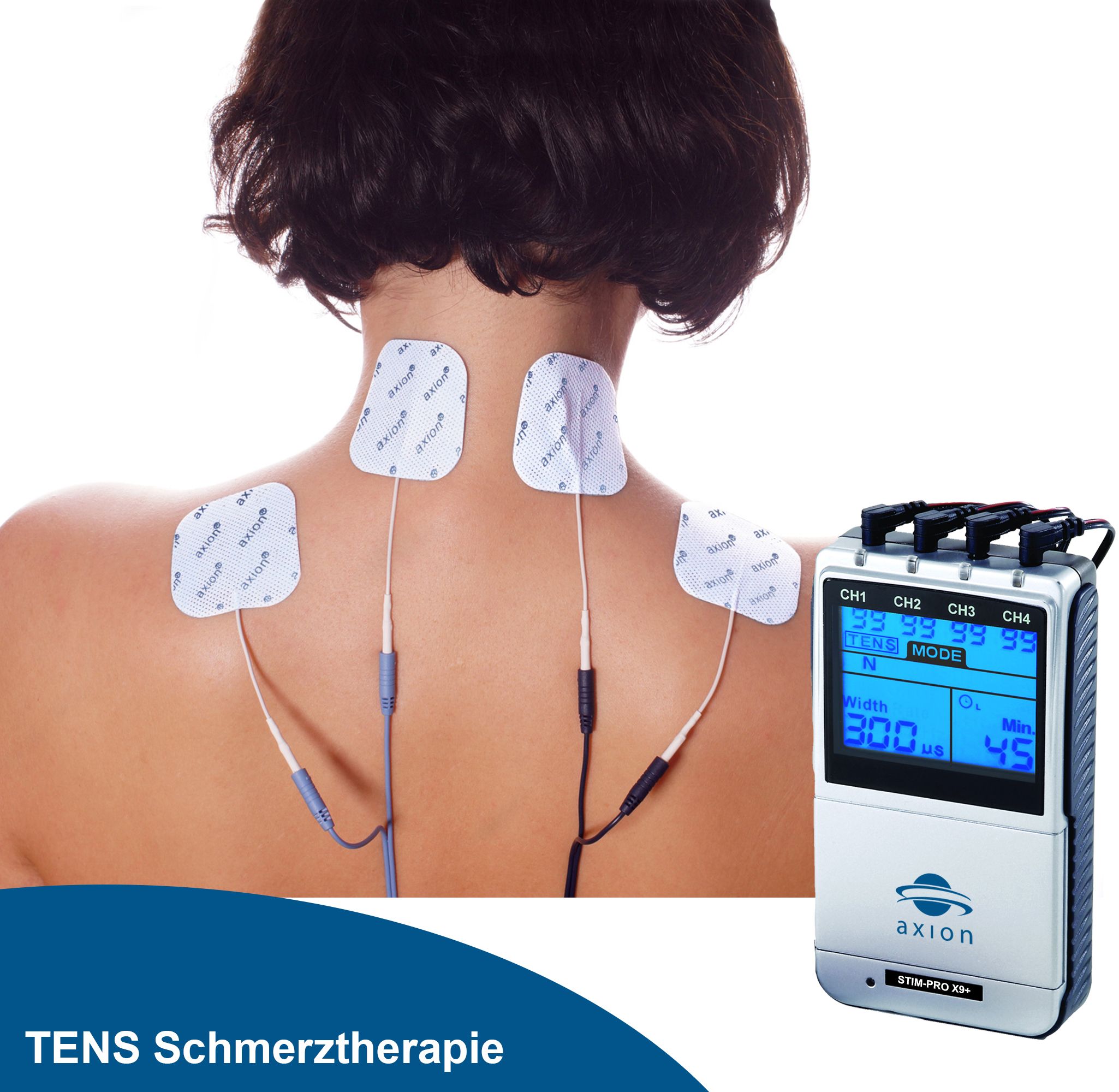 axion® 4-Kanal TENS Gerät und EMS Gerät  STIM-PRO X9+ zur Schmerztherapie mit Spray und Zubehör