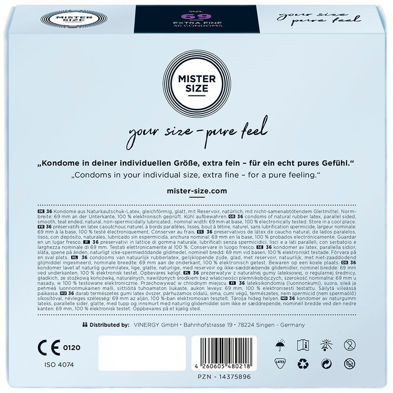 Rückseite der Verpackung von MISTER SIZE 69. Text in mehreren Sprachen. Enthält Informationen und Logos.