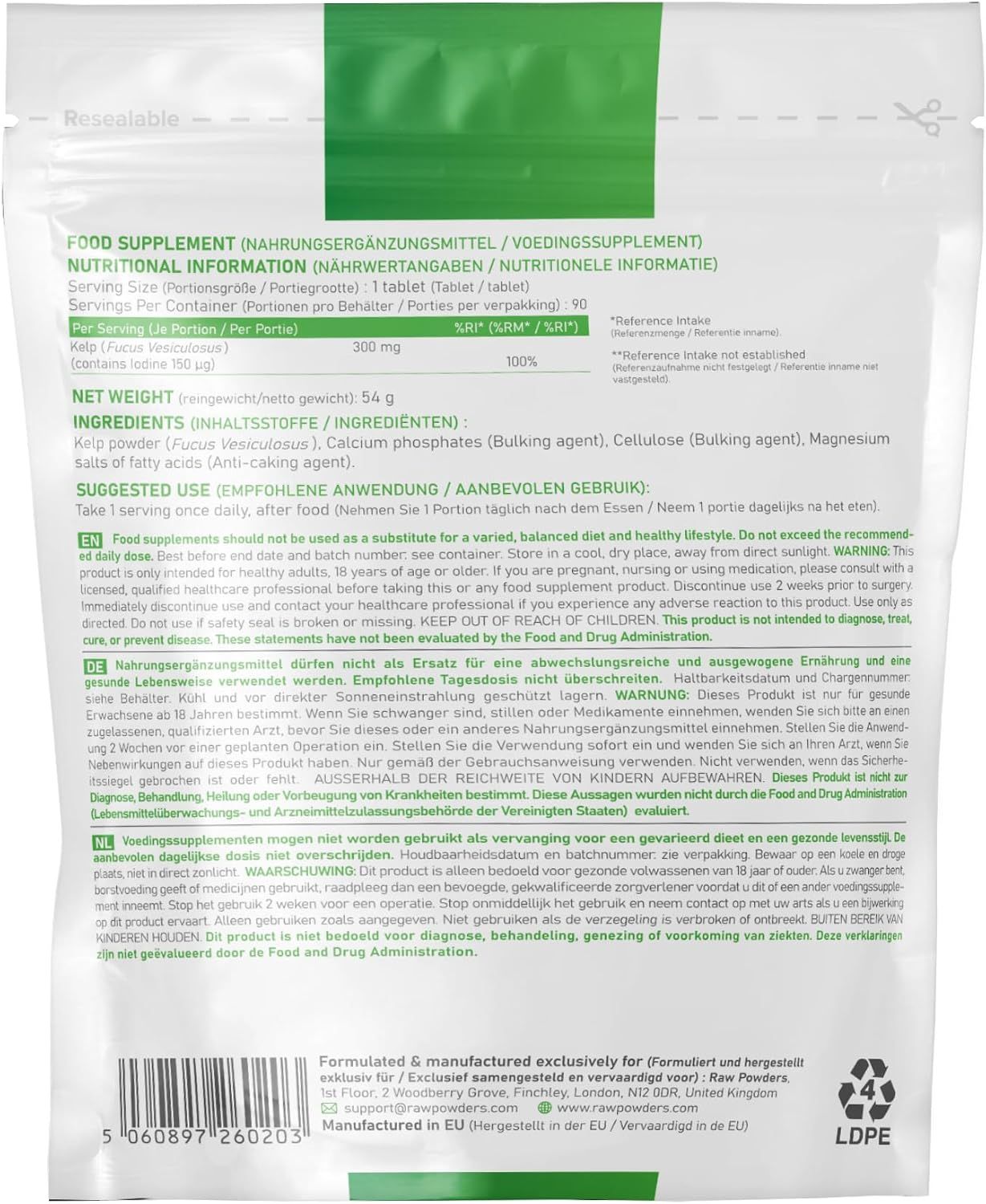 Nährwertangaben für Magnesiumkapseln: 420mg Magnesium pro Portion, 240 Kapseln, 120 Portionen.