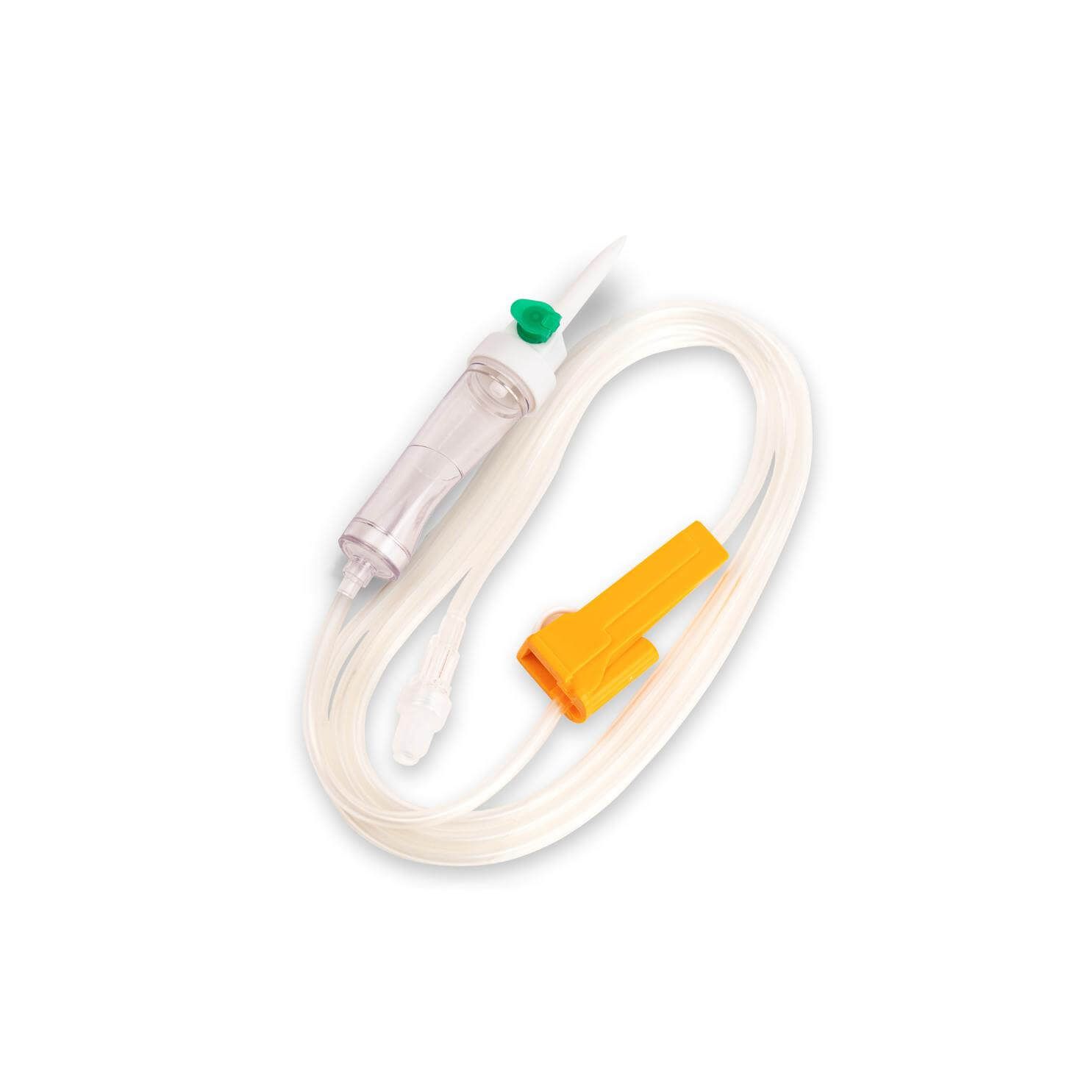 Infusionsgerät mit Rückschlagventil. Transparentes Kunststoffrohr mit Tropfkammer, grünem Verschluss und gelbem Anschluss.