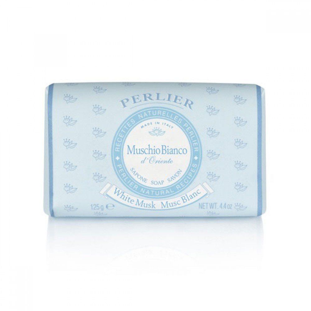Seife in hellblauer Verpackung. Aufschrift: Perlier, Muschio Bianco, White Musk. Gewicht: 125g.
