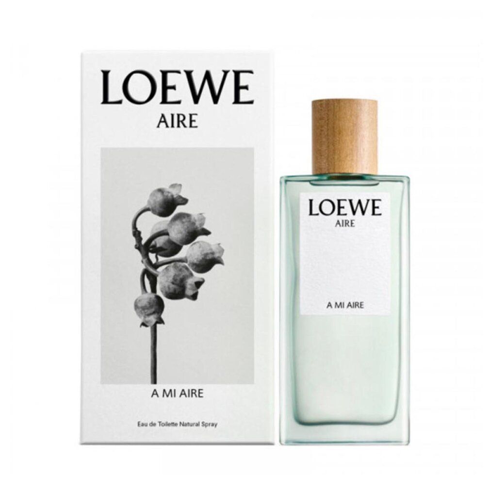 Flakon und Verpackung. Flakon rechteckig, Holzverschluss. Verpackung weiß, mit floraler Illustration. Aufschrift: LOEWE AIRE, A MI AIRE.