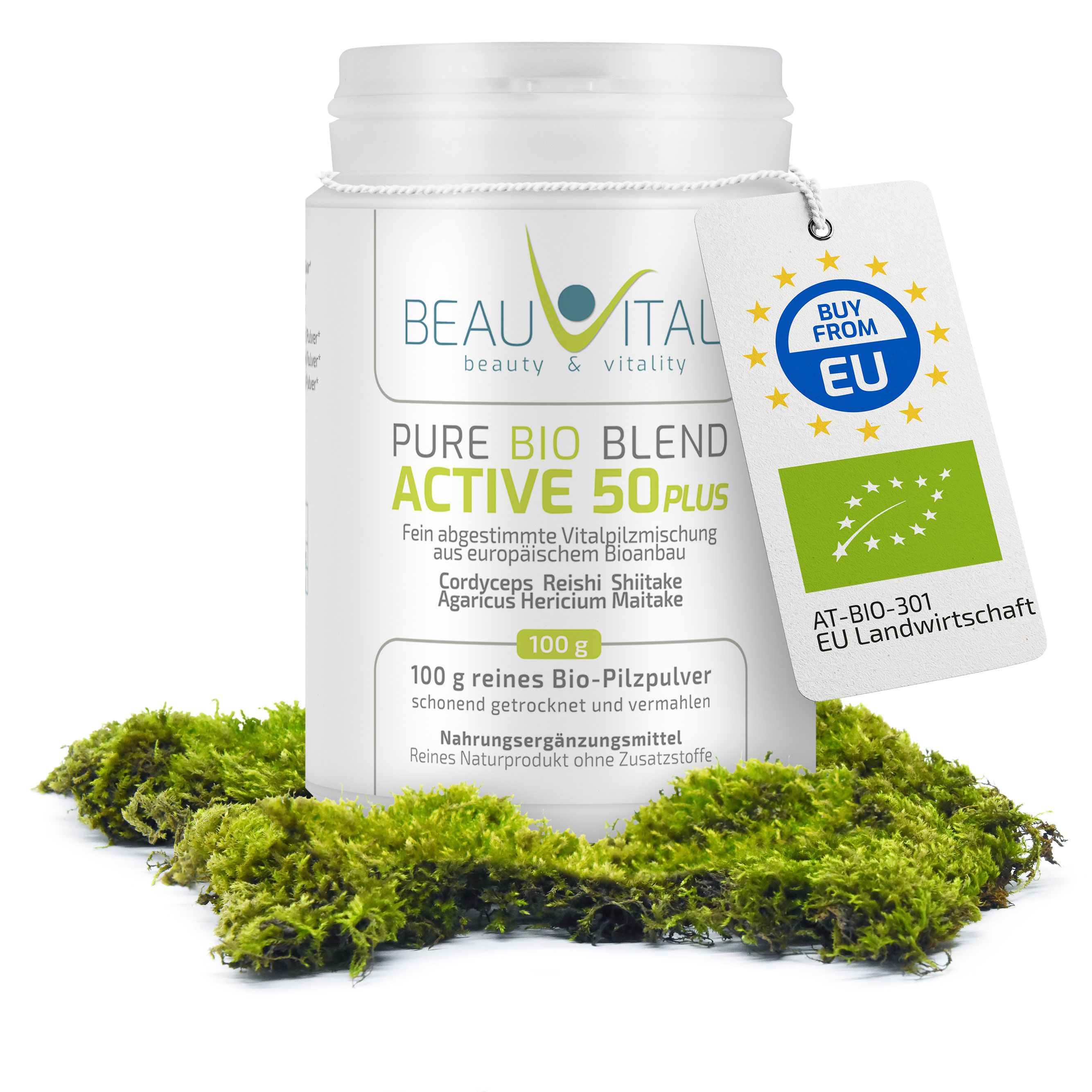 BEAUVITAL Pure Bio Blend Active 50plus Vitalpilzpulver, 100g Dose mit EU Bio-Siegel.