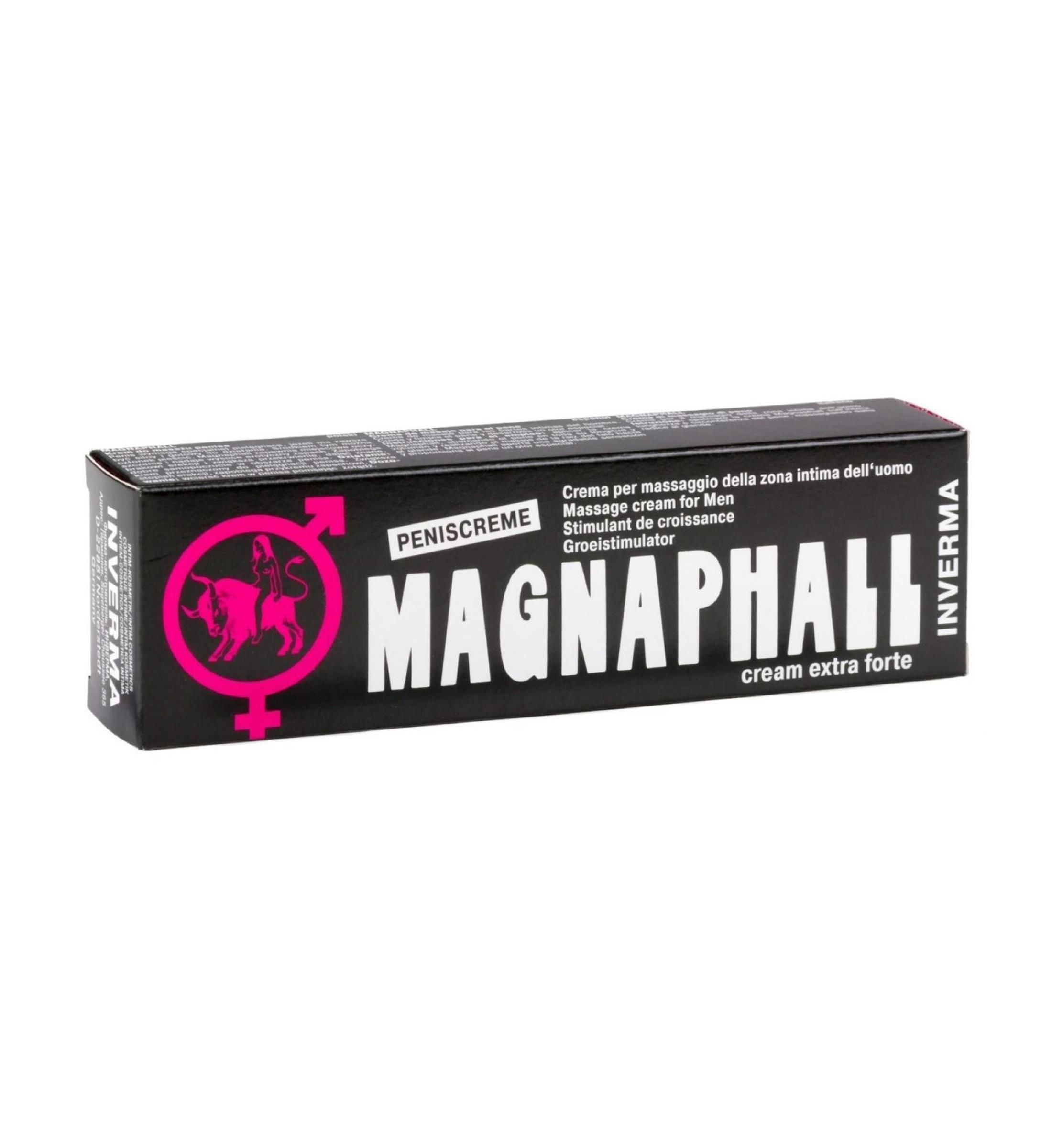 Schwarze Verpackung mit Produktnamen MAGNAPHALL und Logo. Text: Peniscreme, Massagecreme für Männer. Marke: Inverma.