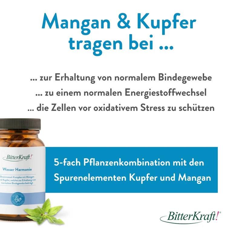 Produktflasche neben Text. Text: Mangan & Kupfer tragen bei... zur Erhaltung von Bindegewebe, Energiestoffwechsel, Zellschutz.