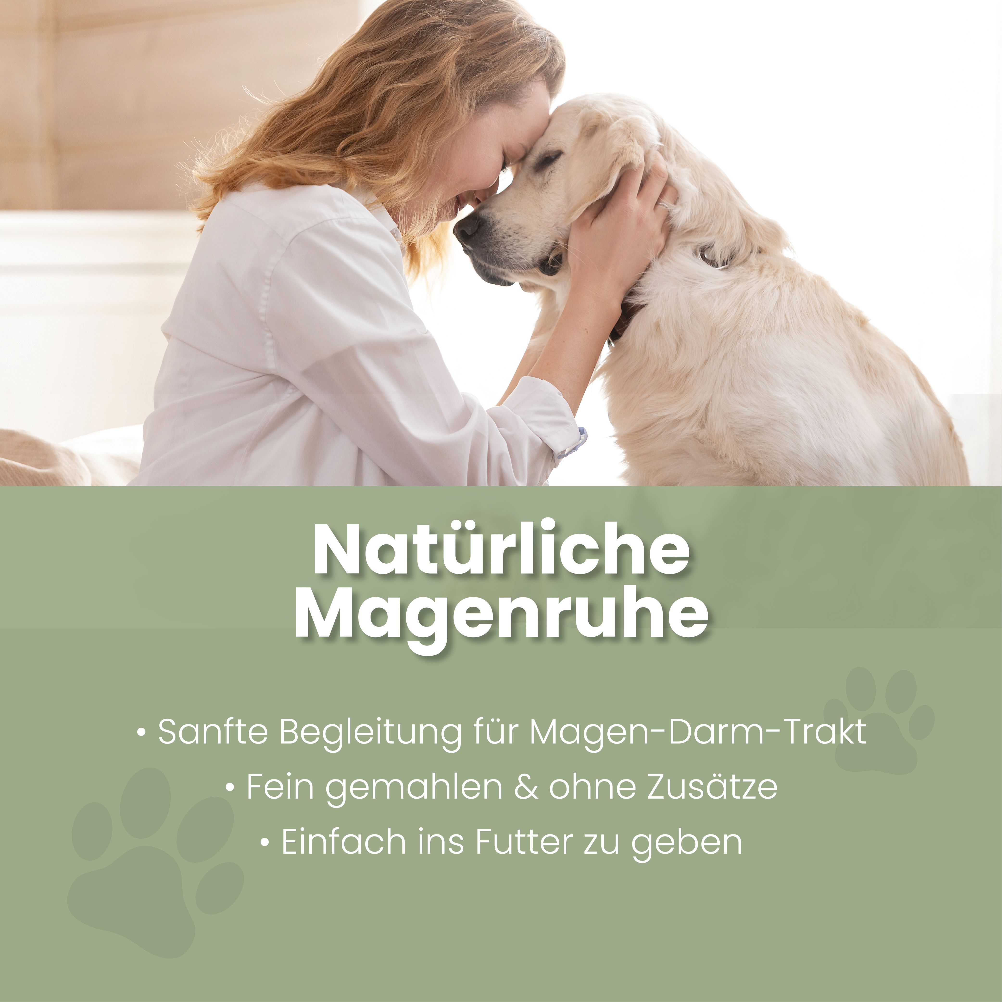 Frau und Hund. Text: Natürliche Magenruhe. Sanfte Begleitung für Magen-Darm-Trakt. Fein gemahlen & ohne Zusätze. Einfach ins Futter zu geben.