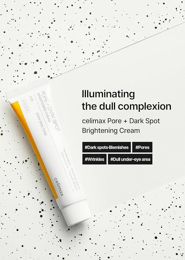 Tube "Pore+Dark Spot Brightening Cream" auf weißem Hintergrund. Gelber Akzent. Text: "Illuminating the dull complexion".
