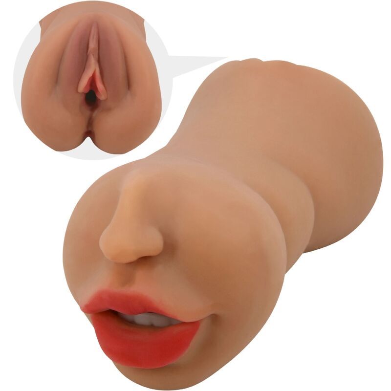 Masturbator mit Gesicht und rotem Mund. Hautfarbenes Silikon, Detailansicht der Vagina.