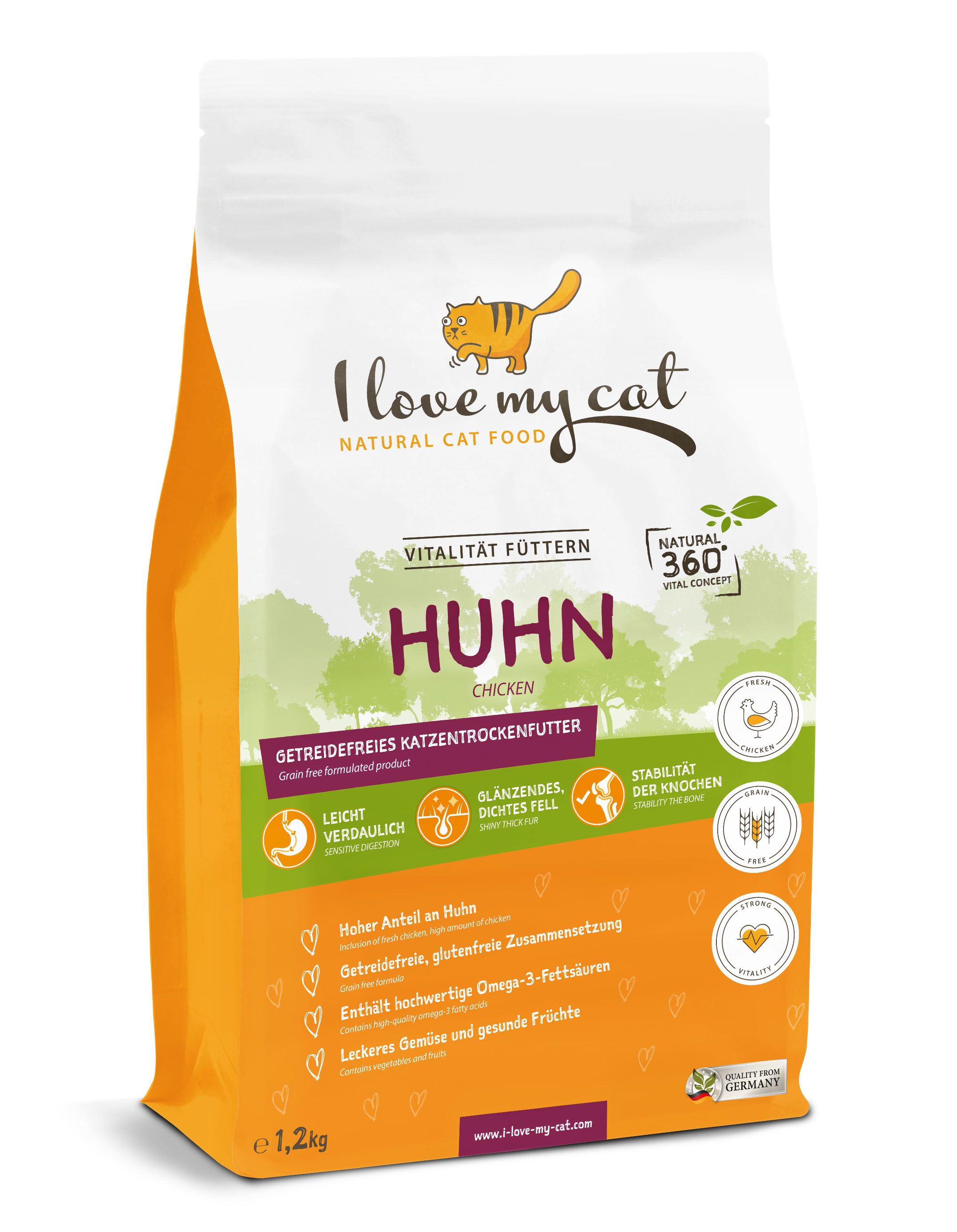 Beutel Trockenfutter mit Huhn. Marke: I love my cat. Orange-weißes Design. Text: Getreidefreies Katzen-Trockenfutter.