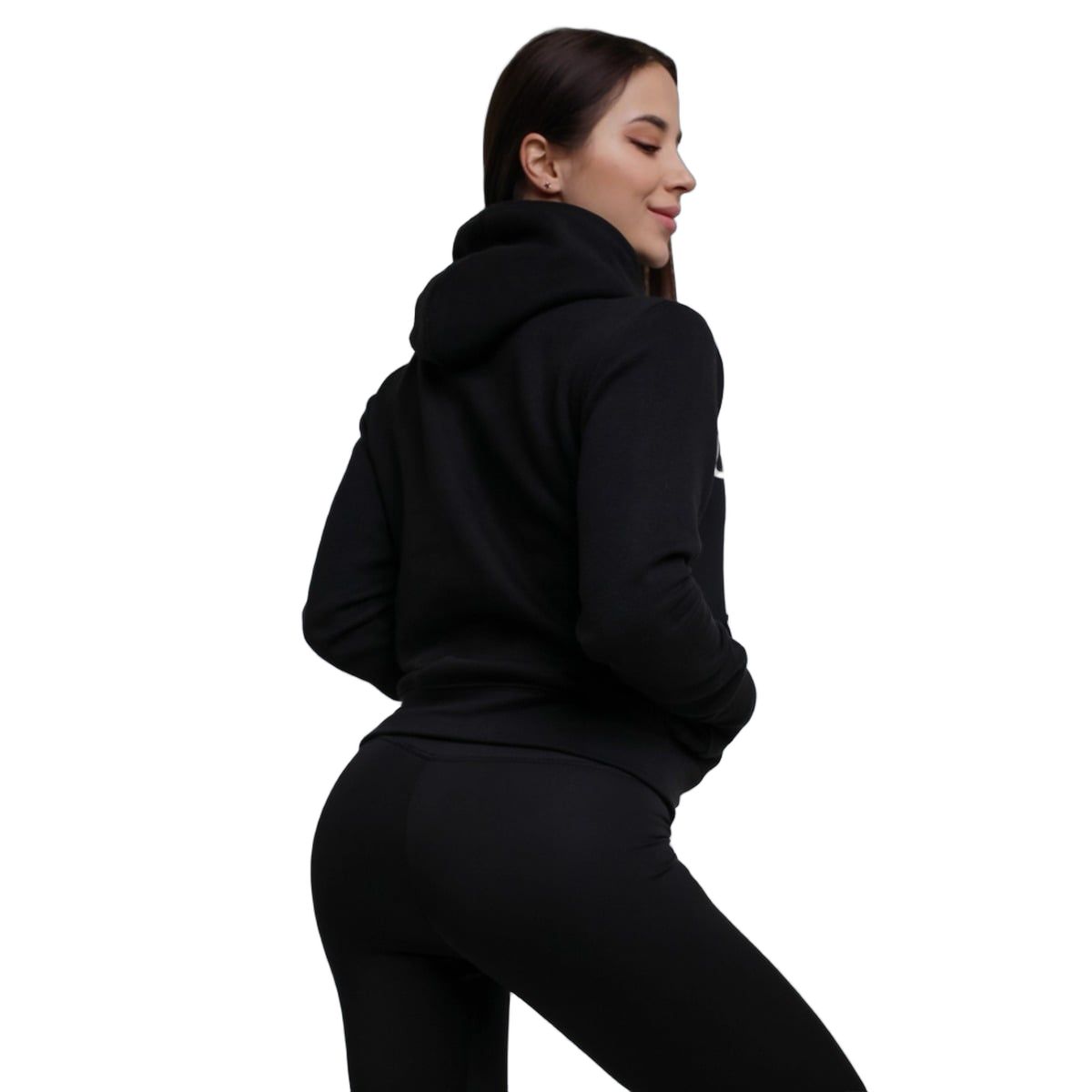 Rückansicht eines schwarzen GymBeam Kapuzenpullovers für Damen mit langen Ärmeln und weißem Logo.