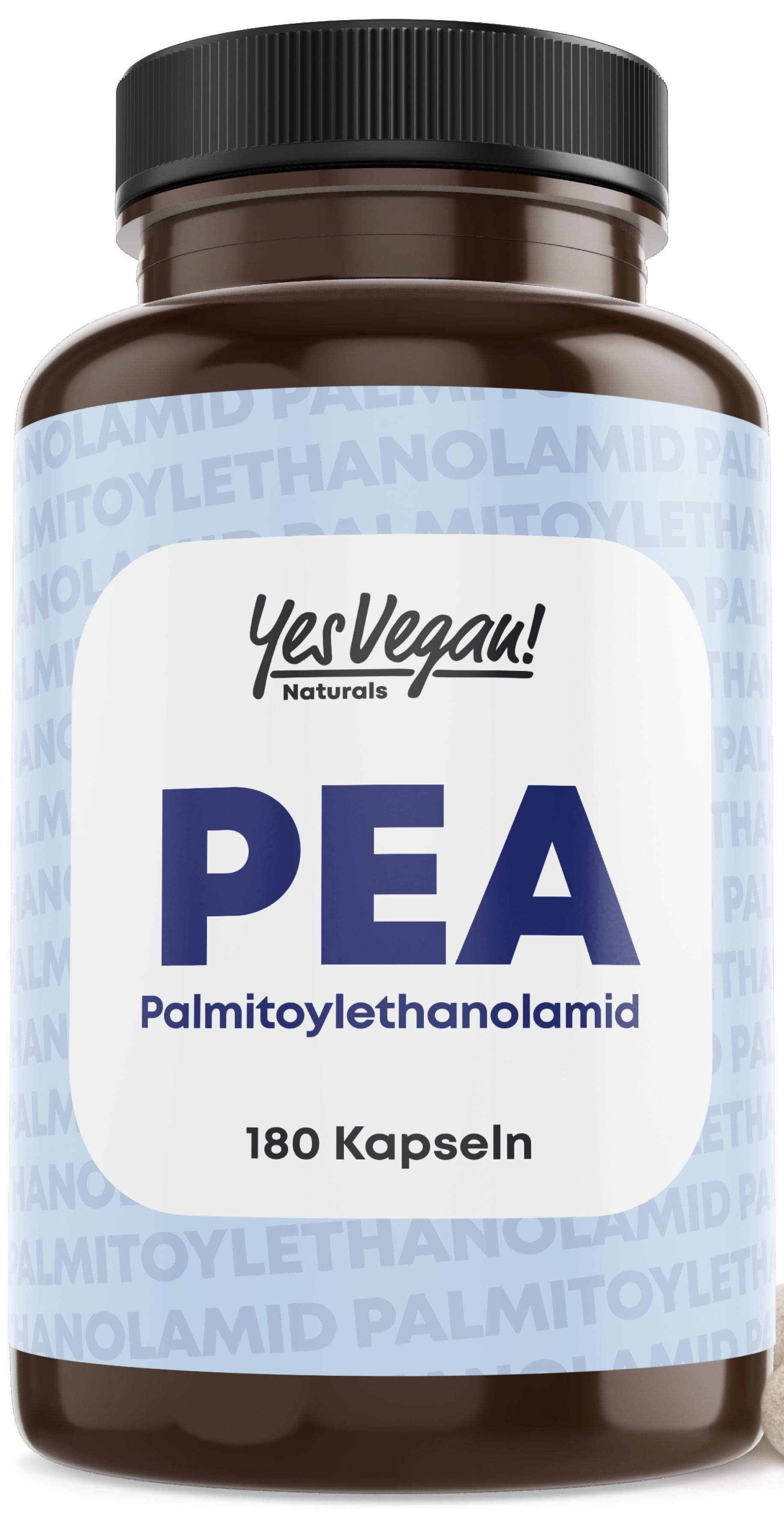 Braune Flasche mit weißem Etikett. Text: "Yes Vegan Naturals PEA Palmitoylethanolamid 180 Kapseln".