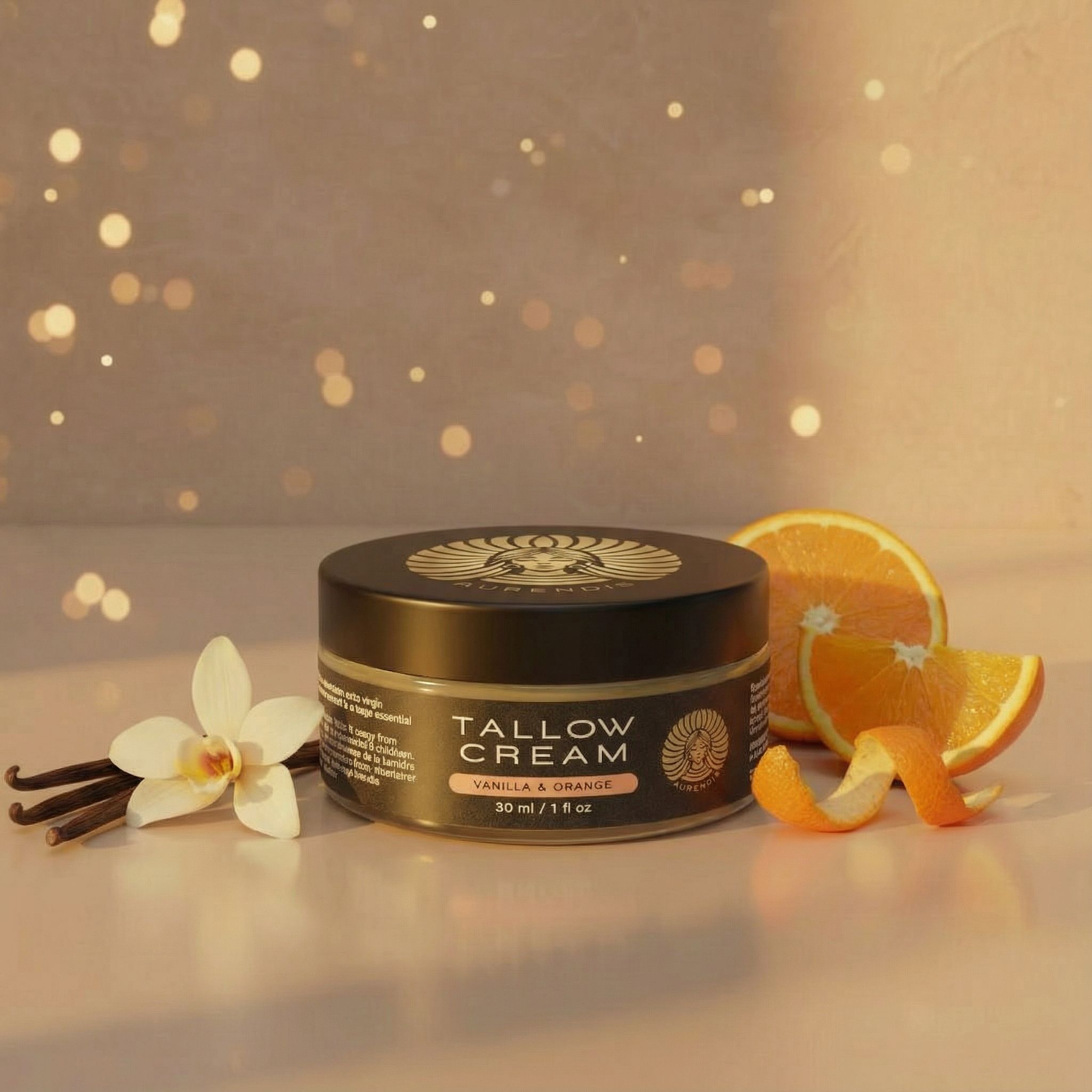Tiegel Tallow Creme, 30 ml, Vanilla & Orange. Orange, Vanilleschote. Goldfarbenes Logo.