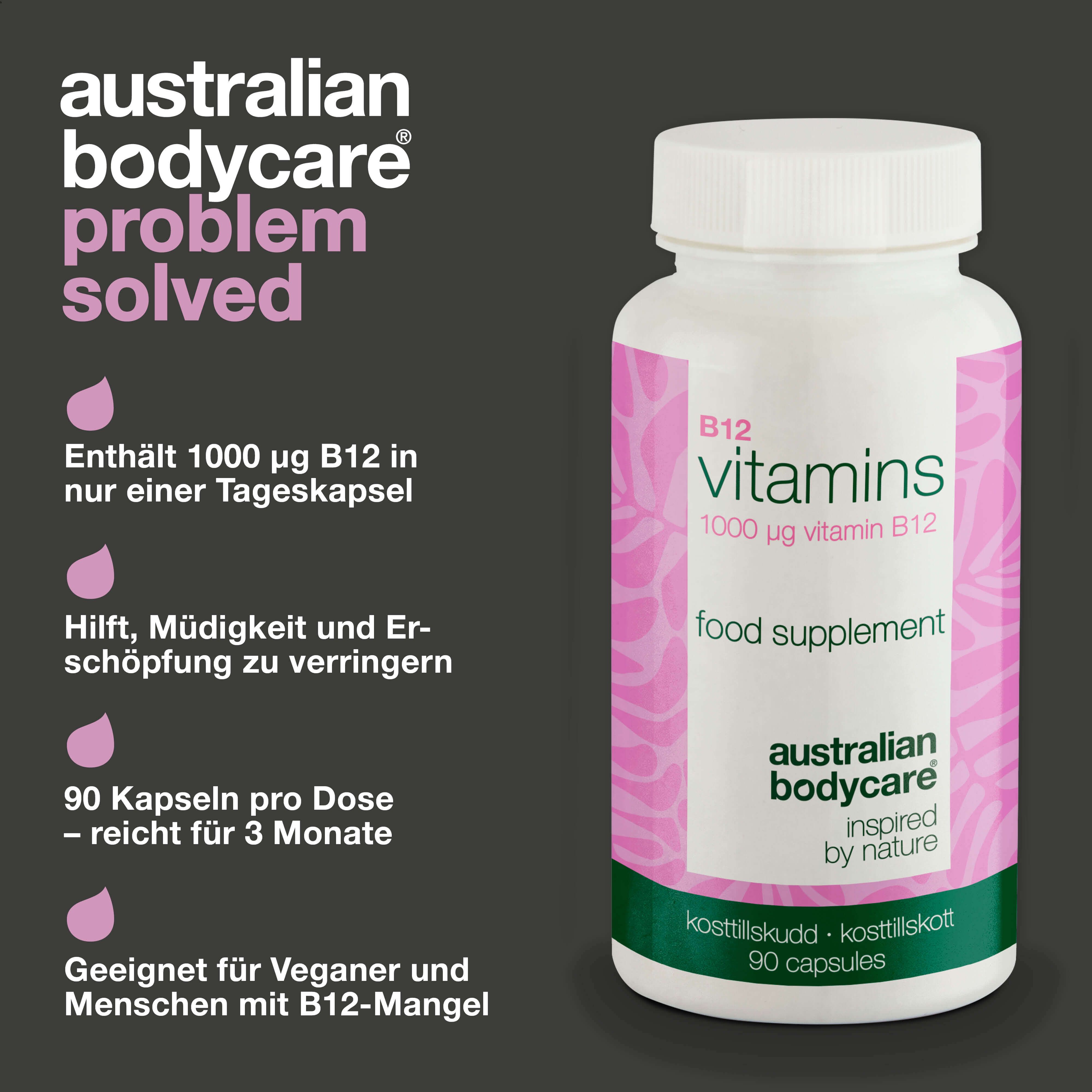 Flasche B12 Vitamins mit rosa Etikett. Aufschrift: 1000 µg B12, 90 Kapseln. Text: Australian Bodycare. Schwarzer Hintergrund.