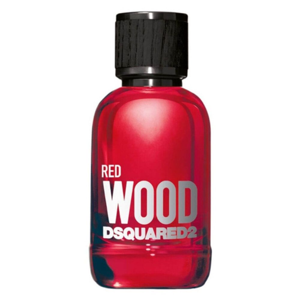 Roter Flakon mit schwarzem Deckel. Aufschrift: RED WOOD DSQUARED2.