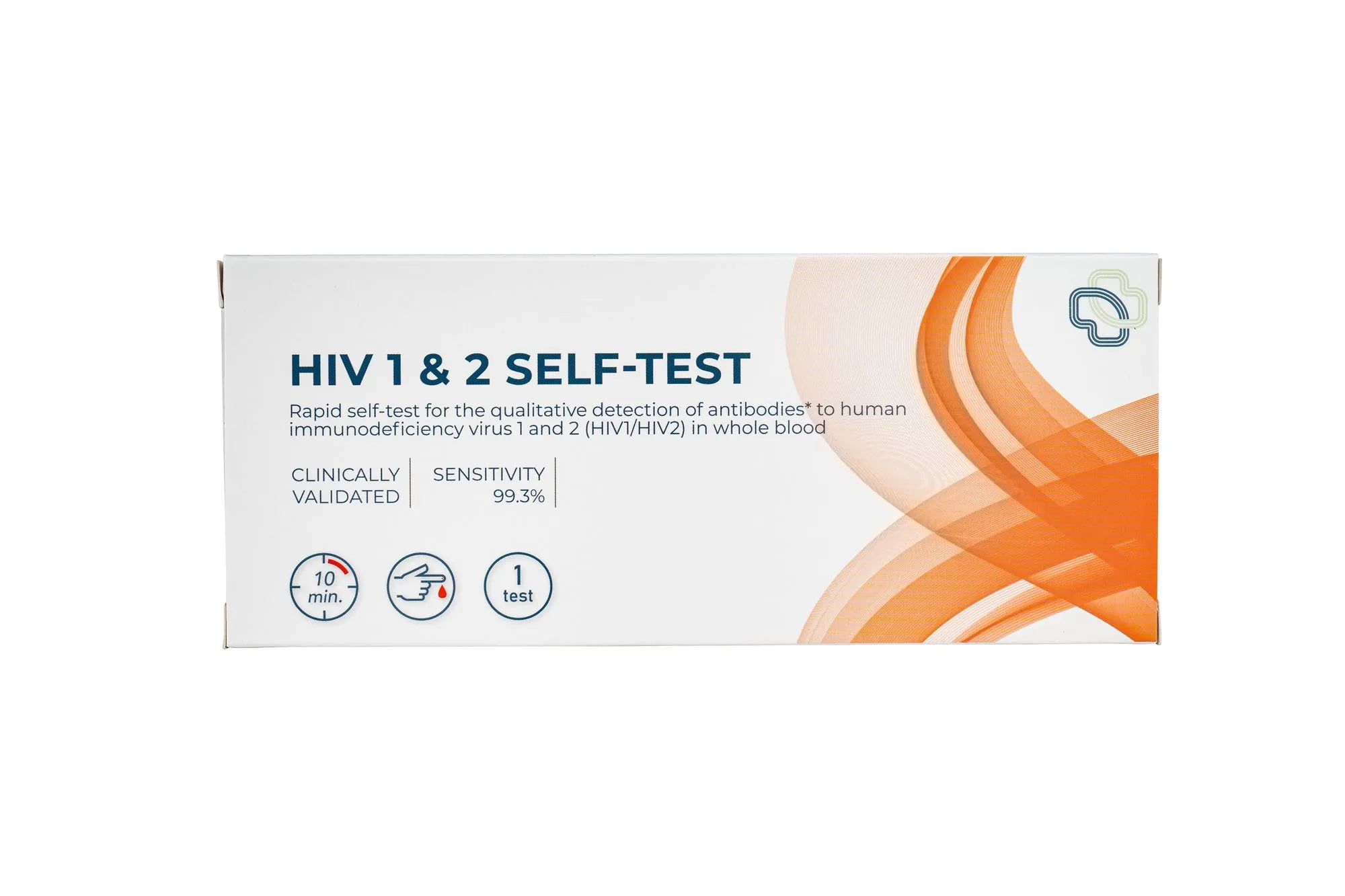 Verpackung eines HIV 1 & 2 Selbsttests. Klinisch validiert, Sensitivität 99.3%. Schnelles Ergebnis in 10 Minuten.